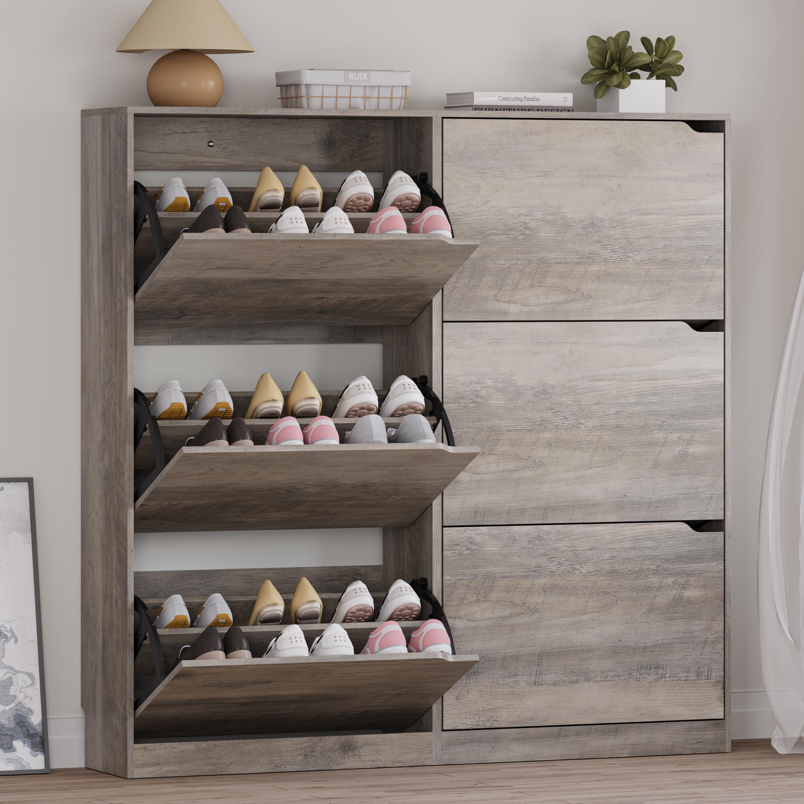 BORNOON Shoe Cabinet with 3 Flip Drawers, Hidden Wood Shoe Cabinet,Freestanding Shoe Storage Cabinet for Entryway Hallway.White. 47.2" H*31.5" W*9.45" D.