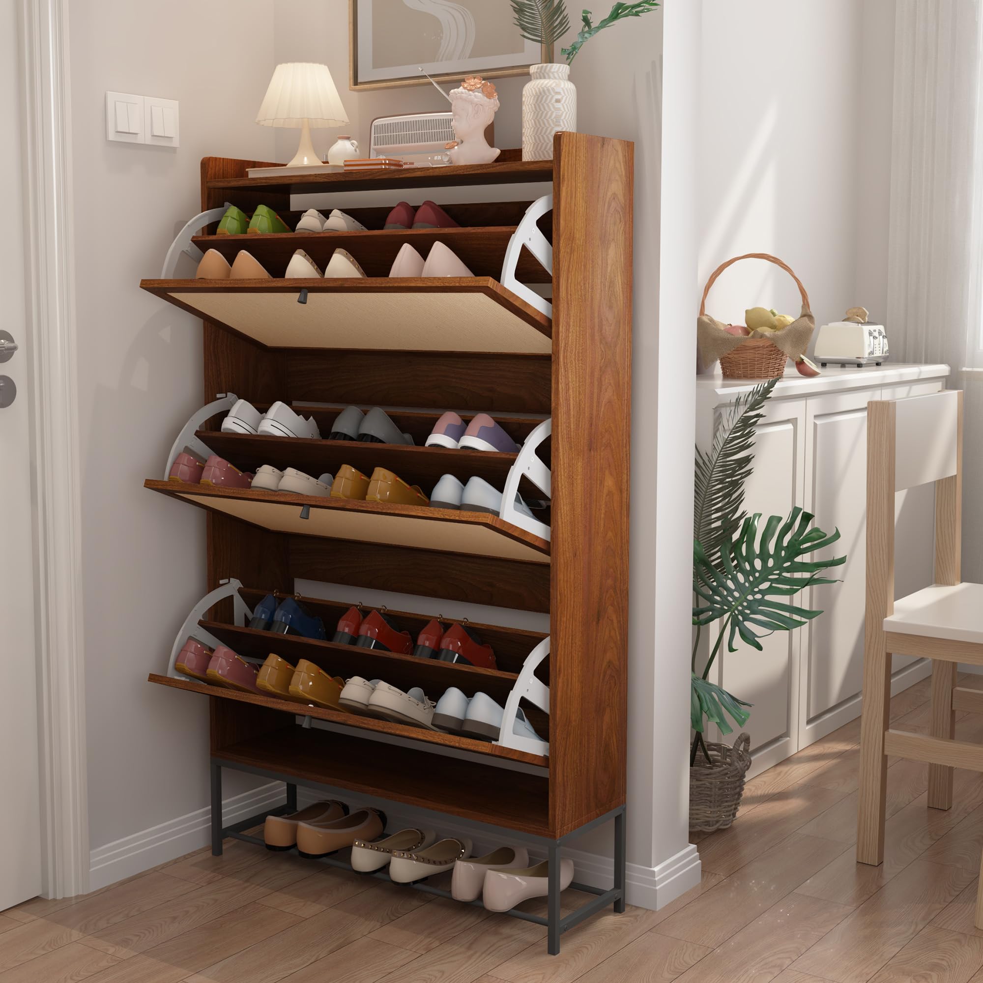AVZEAR Narrow Shoe Storage Cabinet for Entryway with 2 Flip Drawers, Freestanding Shoe Cabinet with Natural Linen Panel, Slim Wood Shoe Organizer Closed Shoe Rack for Hallway, Foyer, Natural