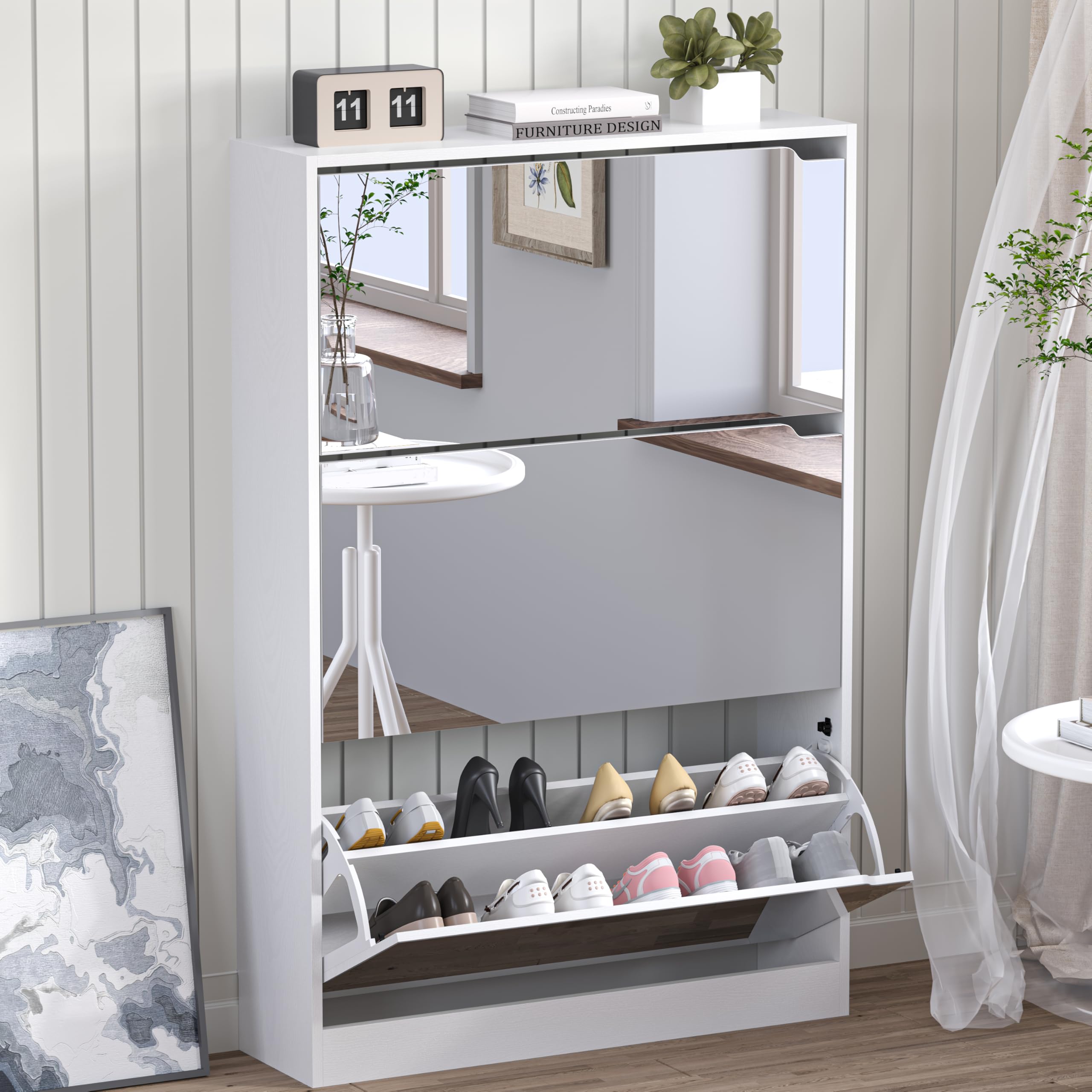 BORNOON Shoe Cabinet with 3 Flip Drawers, Hidden Wood Shoe Cabinet,Freestanding Shoe Storage Cabinet for Entryway Hallway.White. 47.2" H*31.5" W*9.45" D.
