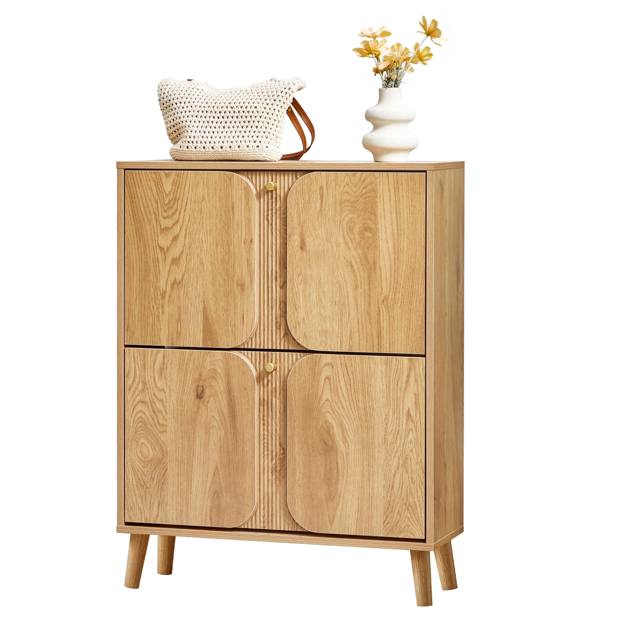BERRYMERRY 31.5” Fluted Shoe Storage Cabinet with 2 Flip Drawers,Freestanding Narrow Shoe Organizer Cabinet with Wave Profile for Entryway,Hallway,Living Room