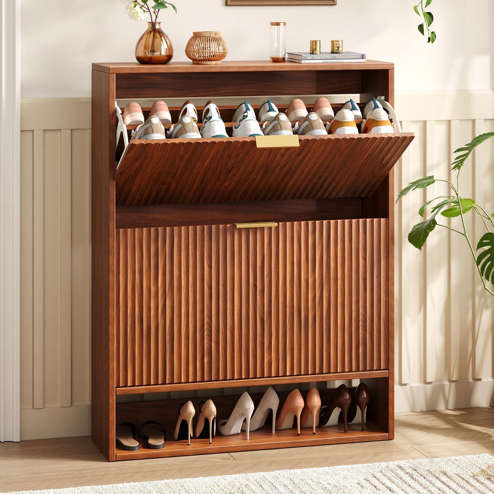 Hootata 31.5''W Oak Shoe Storage Cabinet for Entryway with 2 Flip Drawers, Narrow Wood Fluted Shoe Rack Cabinet,Freestanding Slim Shoe Organizer Cabinet for Foyer, Hallway