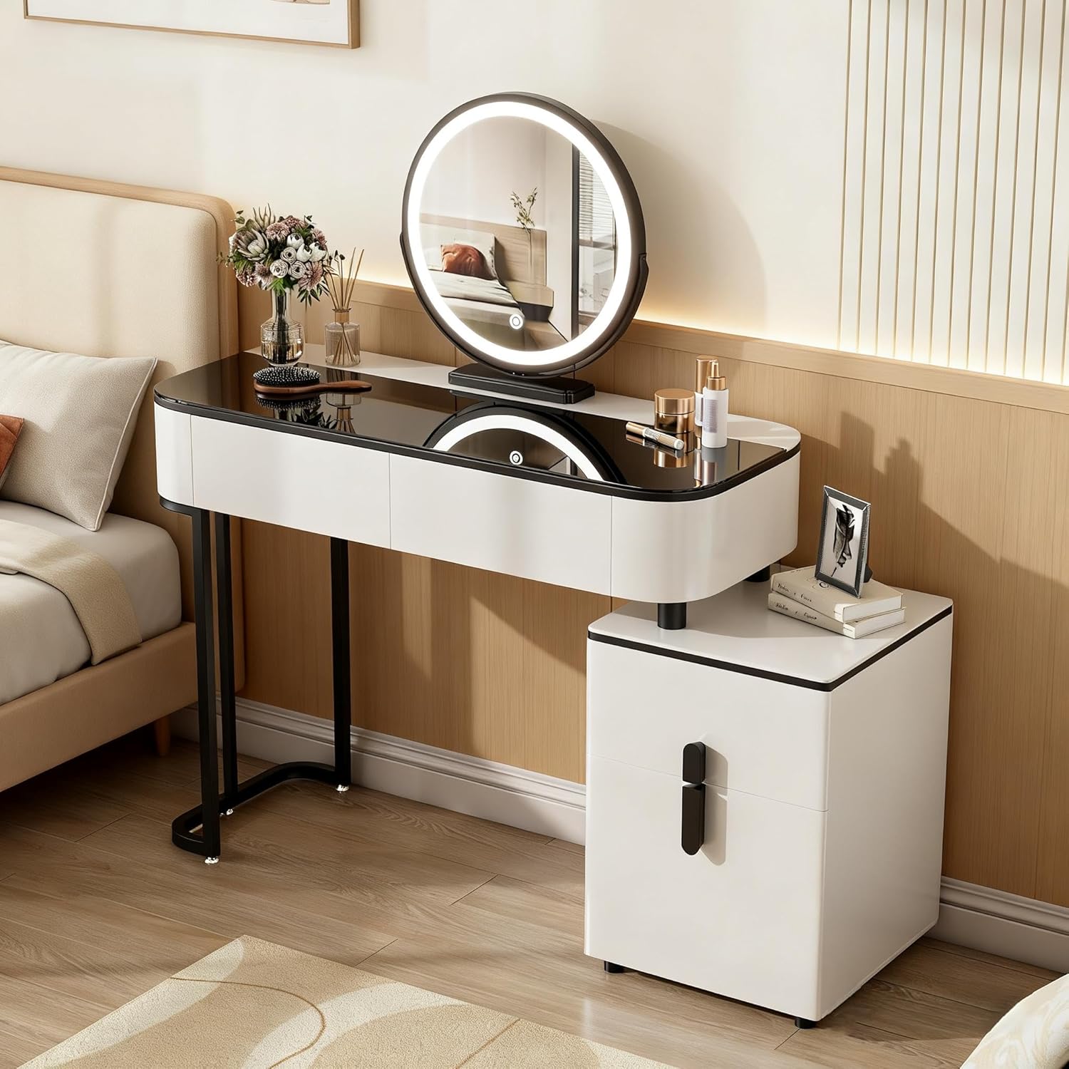 39" Modern Makeup Vanity Desk with Tempered Glass Top & LED Round Mirror, Adjustable Black and White Dressing Table with Reversible 3-Drawer Cabinet, Extendable Vanity Set for Small Bedroom