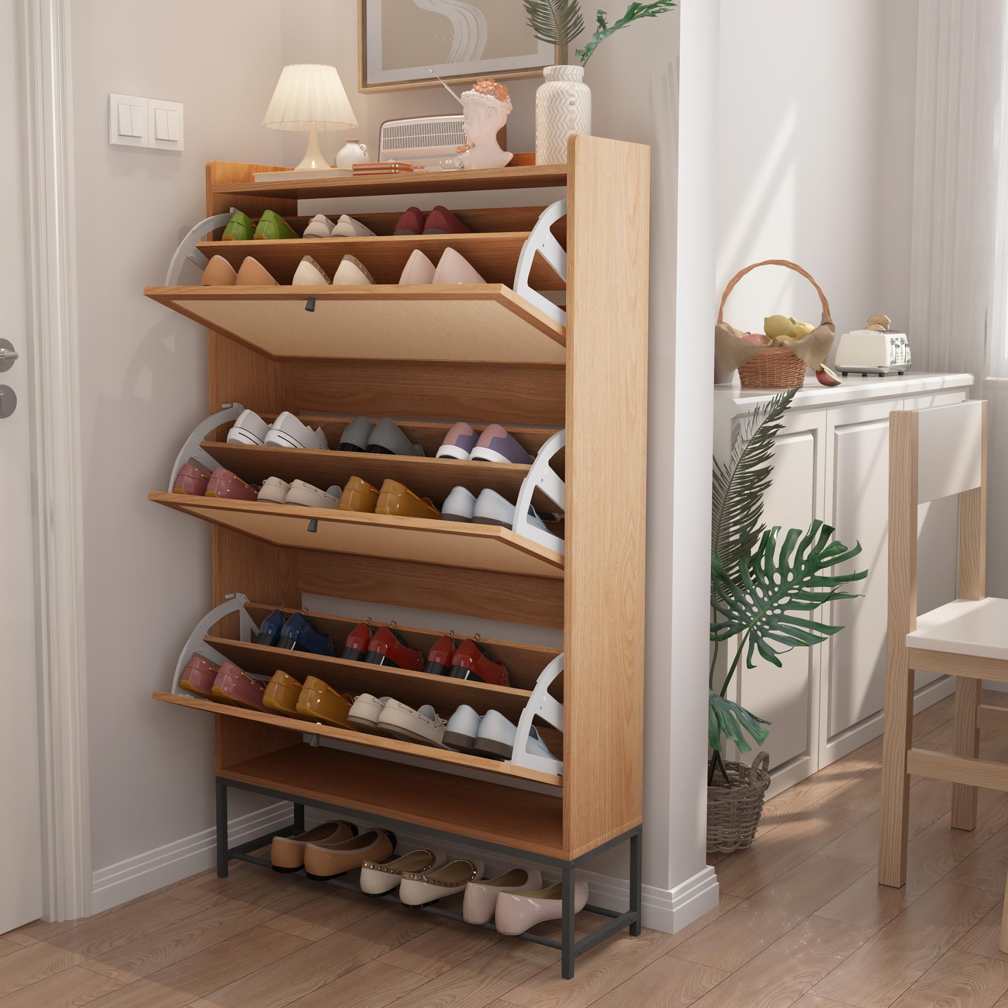 AVZEAR Narrow Shoe Storage Cabinet for Entryway with 2 Flip Drawers, Freestanding Shoe Cabinet with Natural Linen Panel, Slim Wood Shoe Organizer Closed Shoe Rack for Hallway, Foyer, Natural