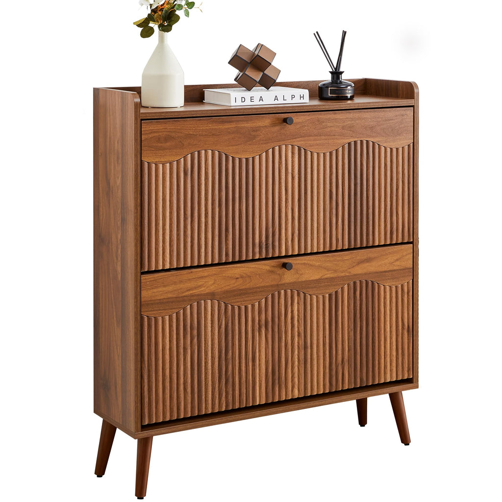 BERRYMERRY 31.5” Fluted Shoe Storage Cabinet with 2 Flip Drawers,Freestanding Narrow Shoe Organizer Cabinet with Wave Profile for Entryway,Hallway,Living Room