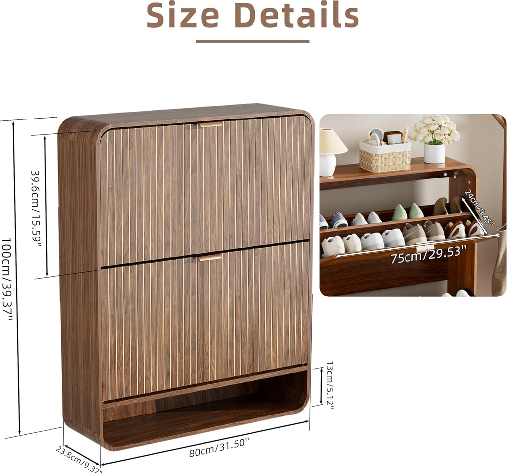 Narrow Shoe Cabinet with 2 Flip Drawers, Fluted Shoe Storage Cabinet for Entryway, Slim Hidden Shoe Rack Organizer for Hallway, Entrance, Foyer, Freestanding, Walnut