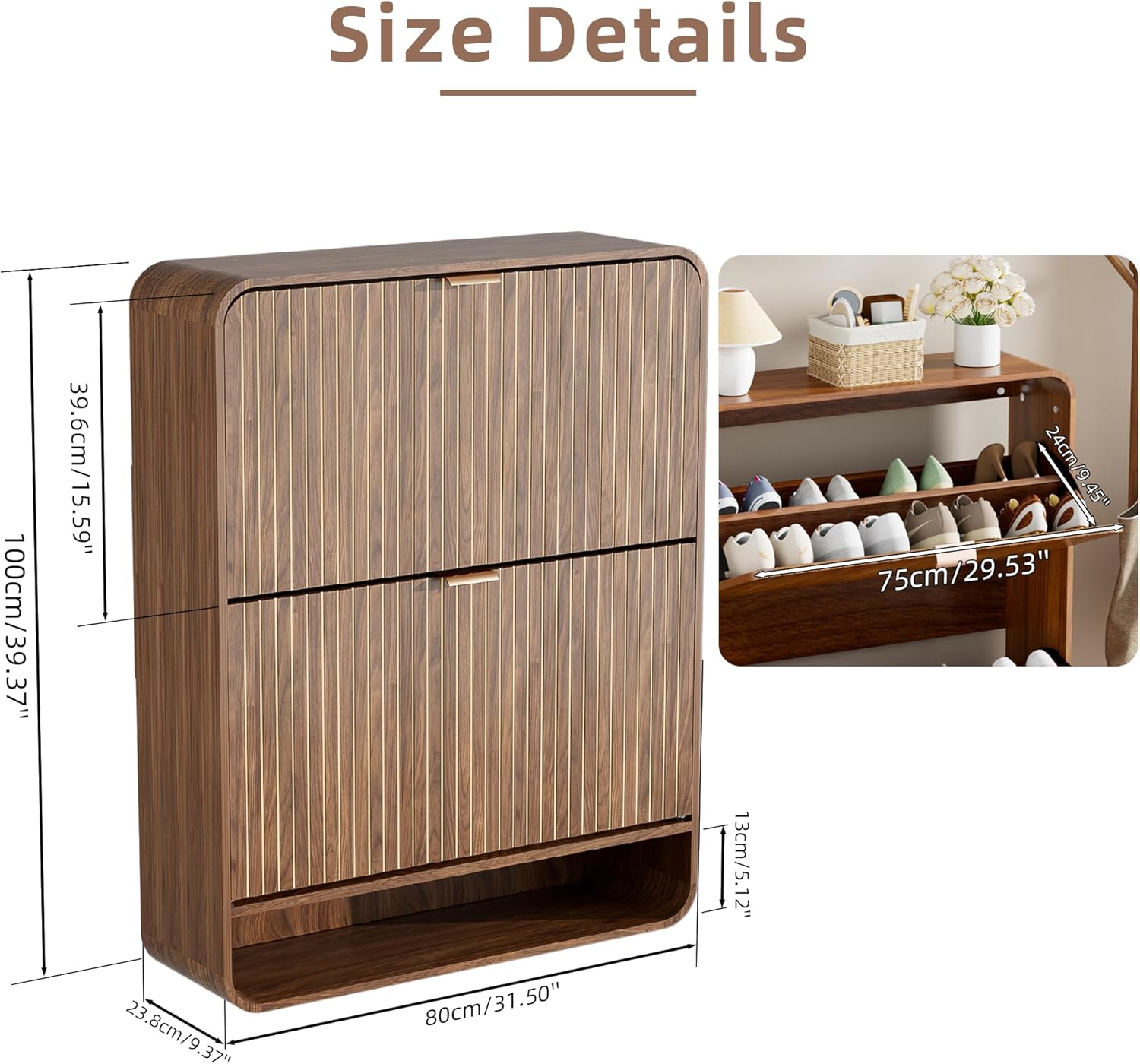 Narrow Shoe Cabinet with 2 Flip Drawers, Fluted Shoe Storage Cabinet for Entryway, Slim Hidden Shoe Rack Organizer for Hallway, Entrance, Foyer, Freestanding, Walnut