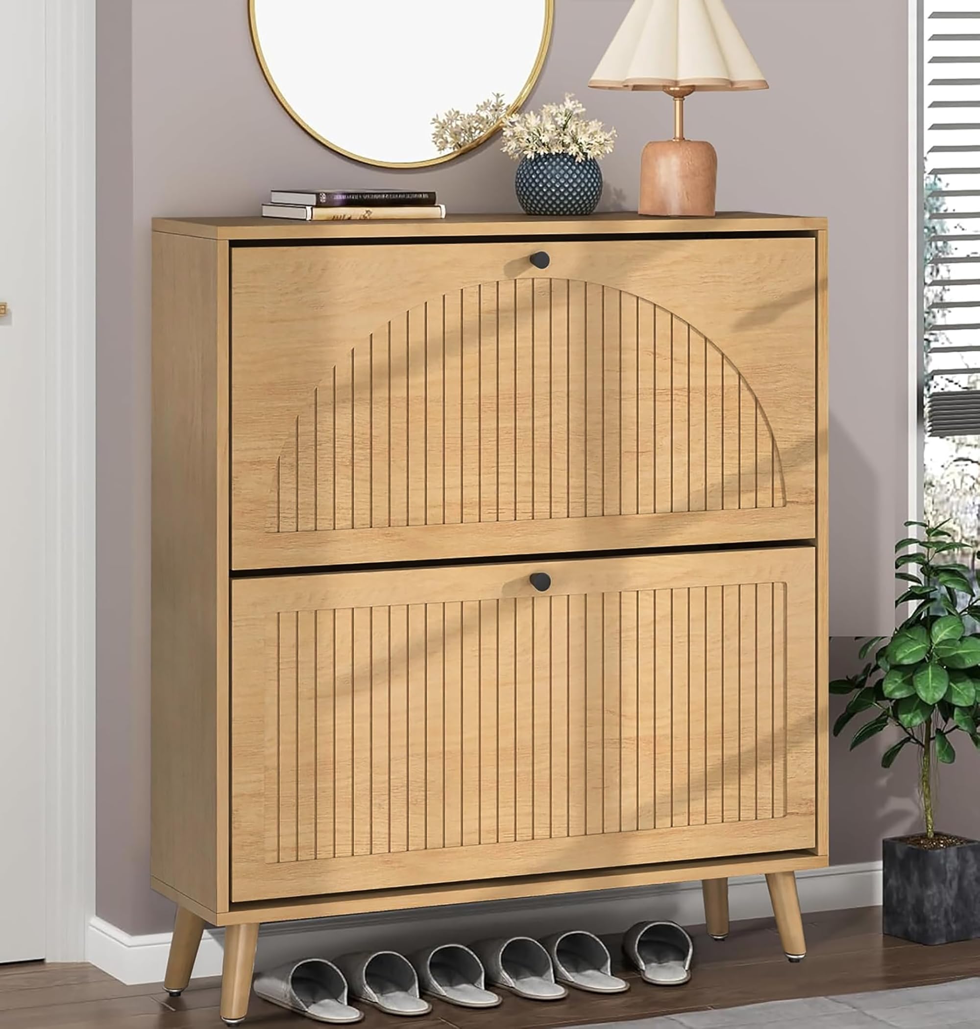 Fsbecl Shoe Storage Cabinet for Entryway with 2 Flip Drawers, Narrow Wood Shoe Cabinet with Fluted Panel, Freestanding Hidden Shoe Organizer for Foyer, Hallway (Walnut)