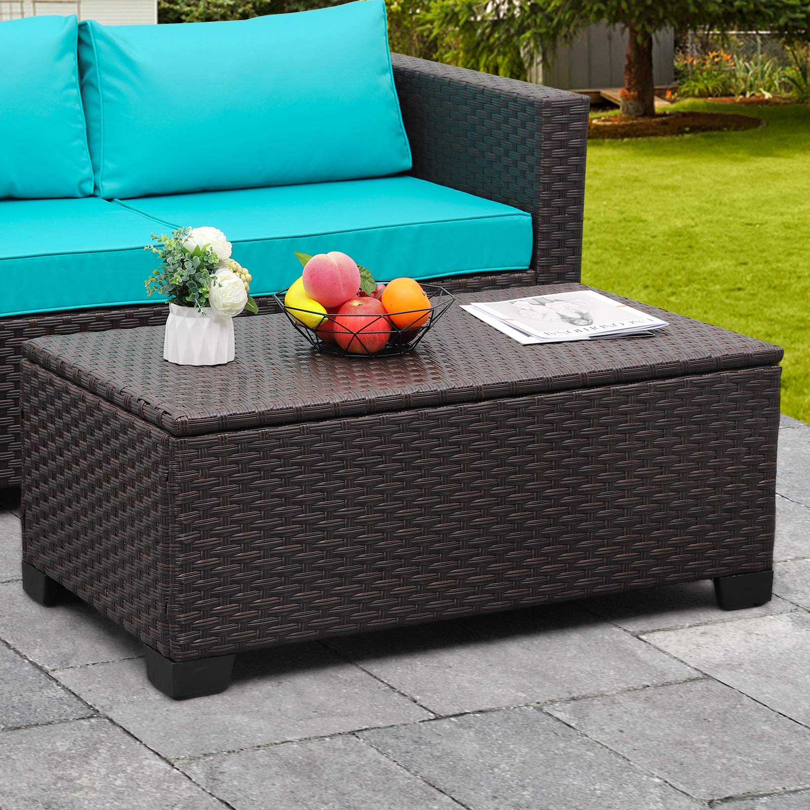 Rattaner Patio Coffee Table with Storage Wicker Outdoor Coffee Table and All-Weather Wicker Side Table with Waterproof Cover, Black