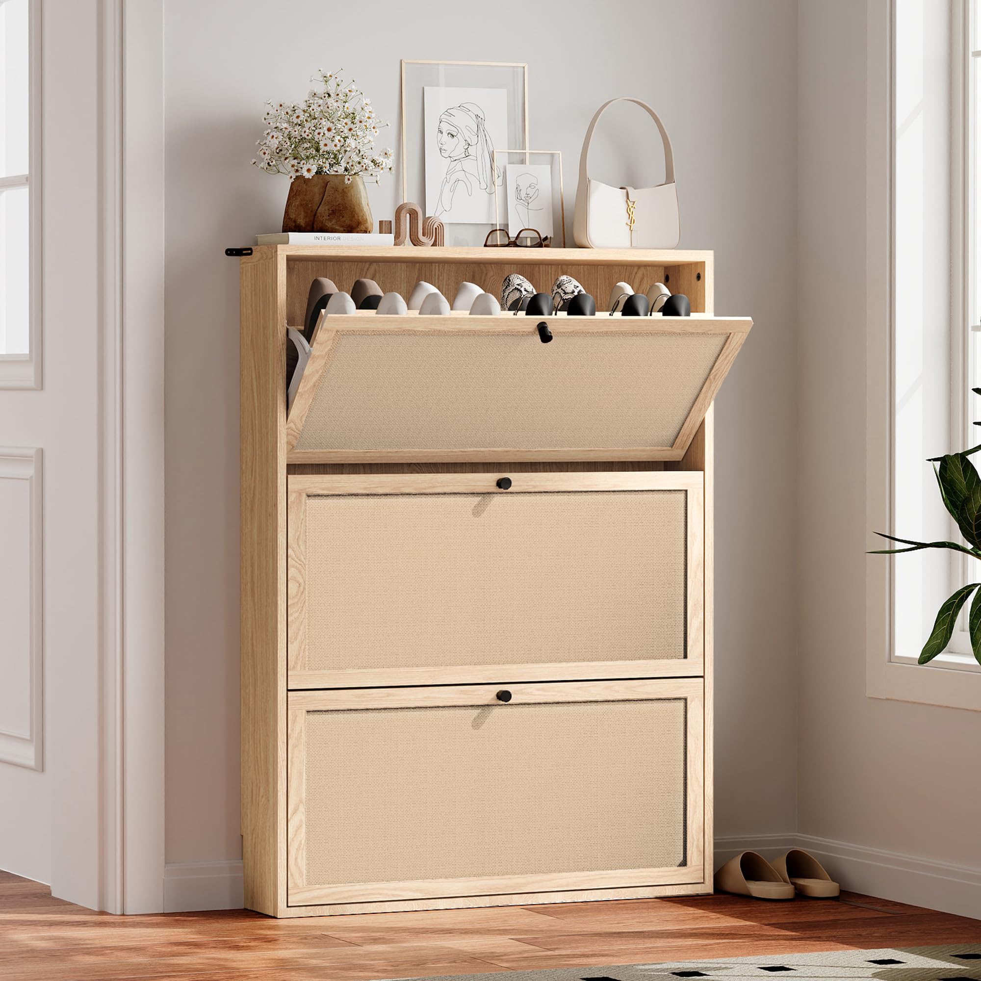 AVZEAR Narrow Shoe Storage Cabinet for Entryway with 2 Flip Drawers, Freestanding Shoe Cabinet with Natural Linen Panel, Slim Wood Shoe Organizer Closed Shoe Rack for Hallway, Foyer, Natural