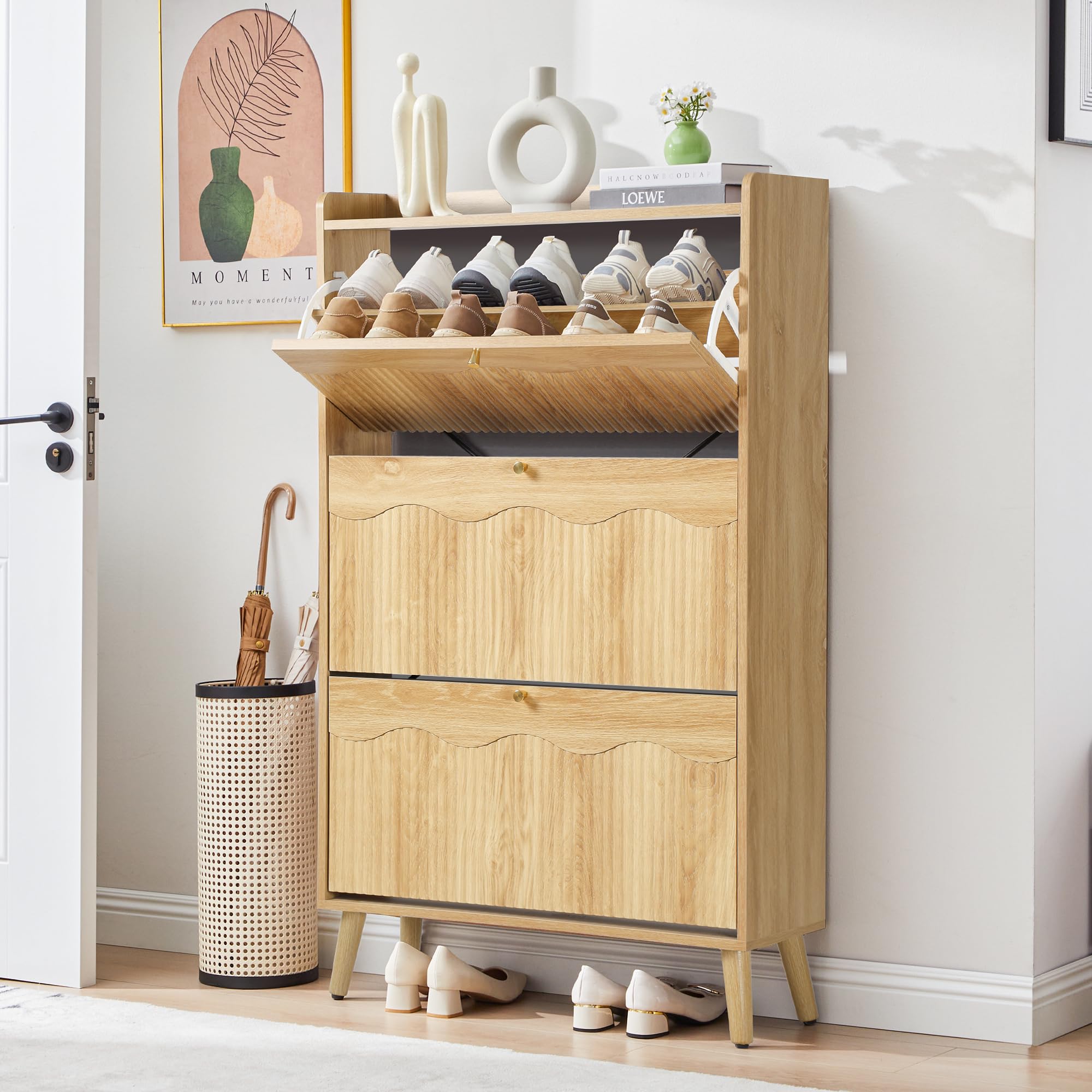 BERRYMERRY 31.5” Fluted Shoe Storage Cabinet with 2 Flip Drawers,Freestanding Narrow Shoe Organizer Cabinet with Wave Profile for Entryway,Hallway,Living Room