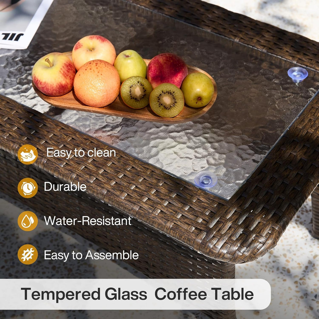 Tribesigns Outdoor Patio Furniture Set of Coffee Table, 35.4" Patio Wicker Coffee Table with Tempered Glass Top, Handwoven Rattan Coffee Table for Conversation Sets, Poolside, Deck, Brown