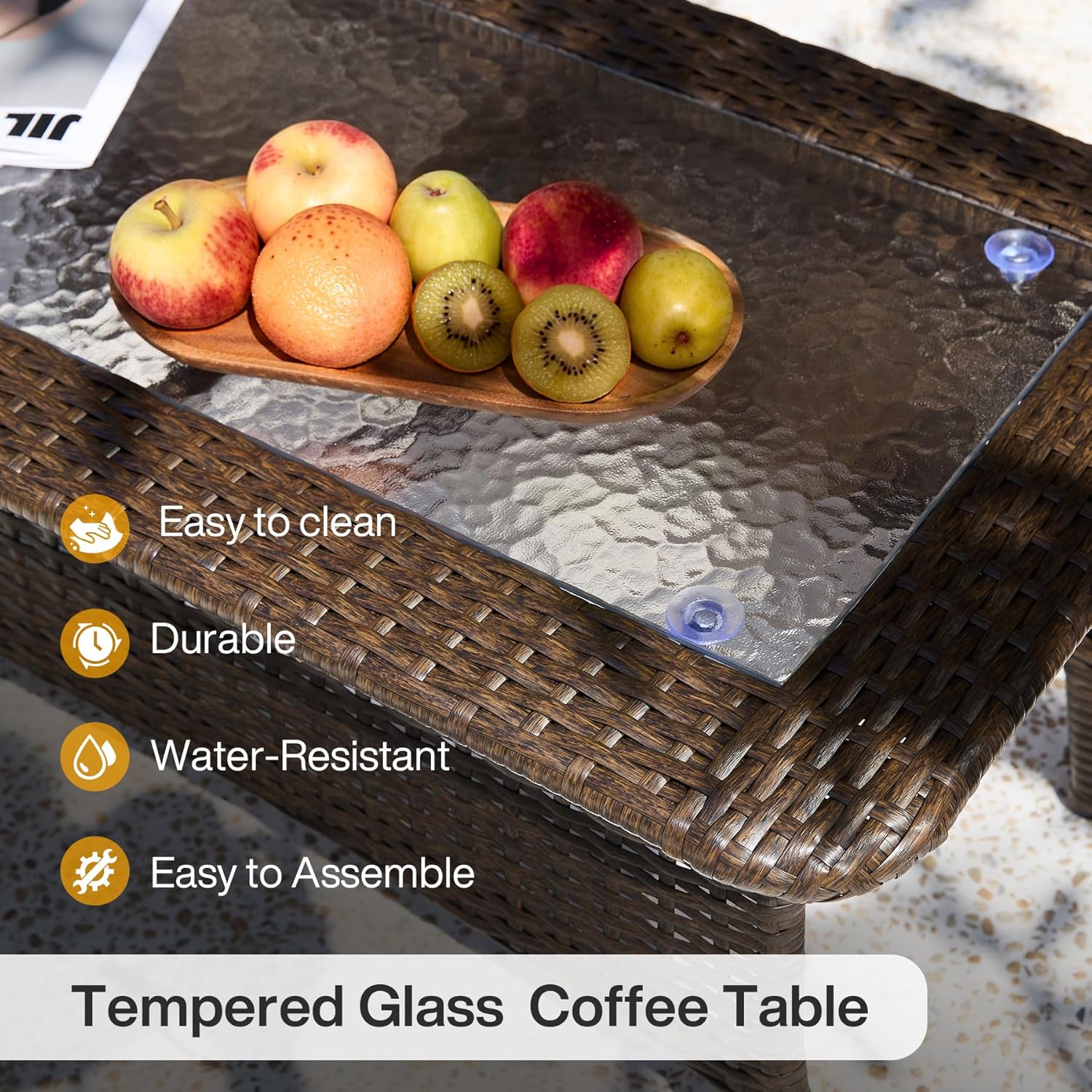 Tribesigns Outdoor Patio Furniture Set of Coffee Table, 35.4" Patio Wicker Coffee Table with Tempered Glass Top, Handwoven Rattan Coffee Table for Conversation Sets, Poolside, Deck, Brown