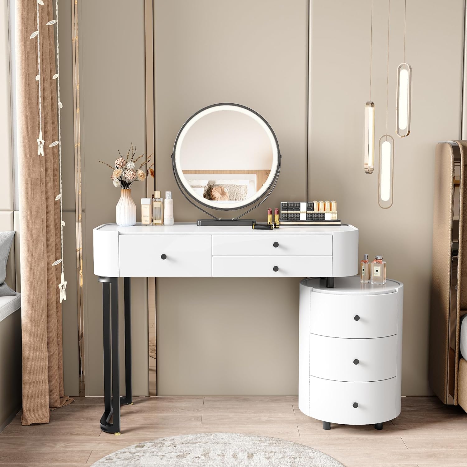 GOWE Modern Minimalist Dressing Table with Detachable Mirror and Rotatable Side Cabinet Makeup Table, Easy Assembly Vanity