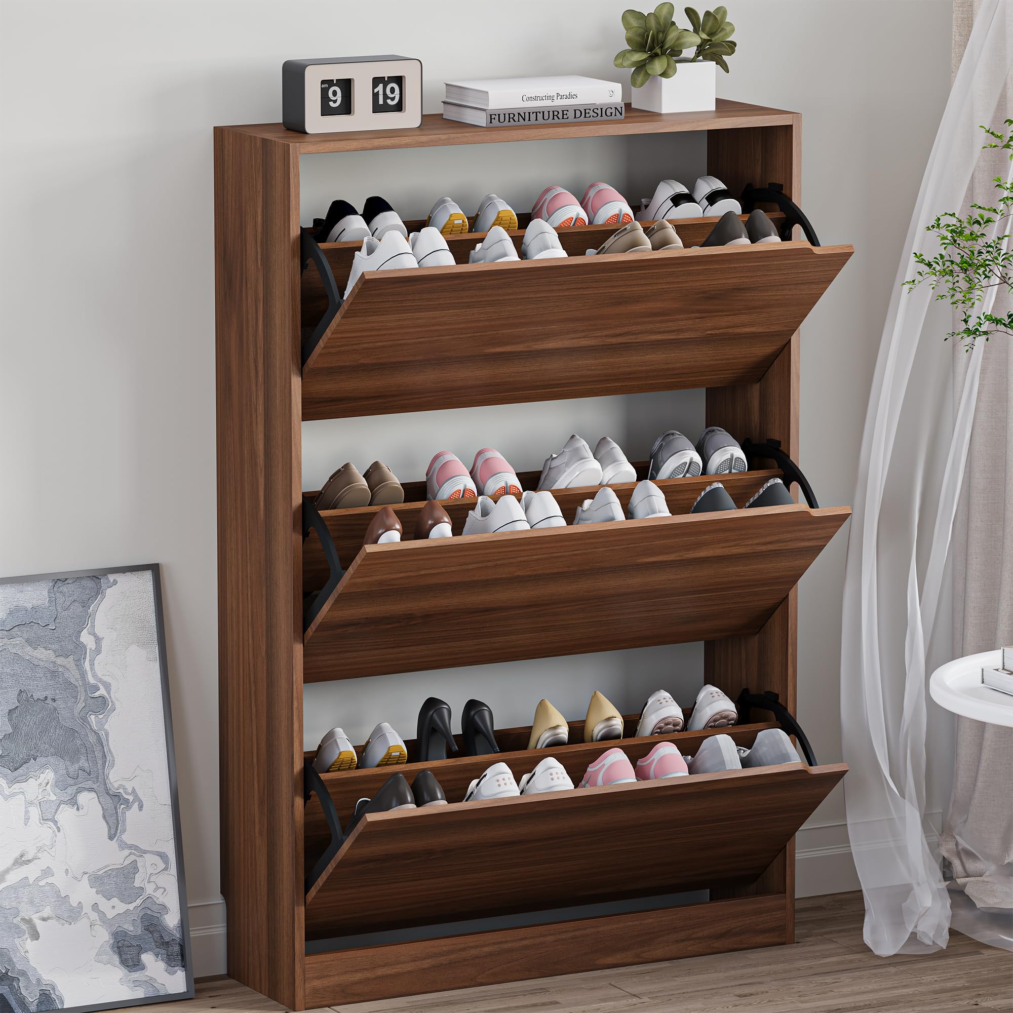 BORNOON Shoe Cabinet with 3 Flip Drawers, Hidden Wood Shoe Cabinet,Freestanding Shoe Storage Cabinet for Entryway Hallway.White. 47.2" H*31.5" W*9.45" D.