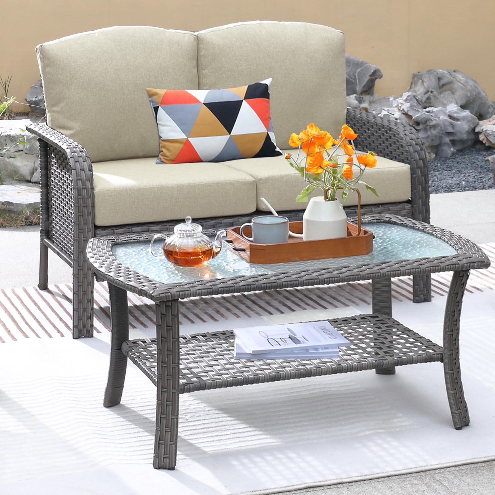 ovios 2-Piece Patio Furniture Set, Outdoor Wicker Sofa with Chairs, High Back Rattan Chair with Comfy Cushions for Porch Yard Deck, Denim Blue