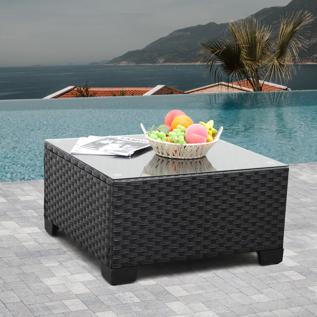 Rattaner Patio Furniture Wicker Coffee Table Outdoor Garden Square Side Table with Tempered Glass Top Brown