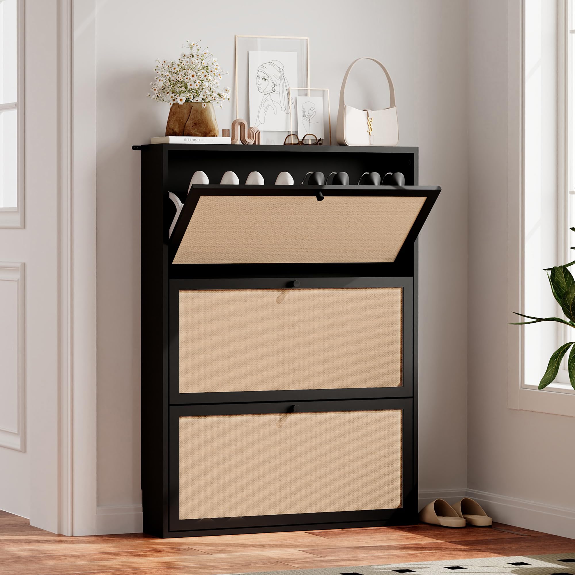 AVZEAR Narrow Shoe Storage Cabinet for Entryway with 2 Flip Drawers, Freestanding Shoe Cabinet with Natural Linen Panel, Slim Wood Shoe Organizer Closed Shoe Rack for Hallway, Foyer, Natural