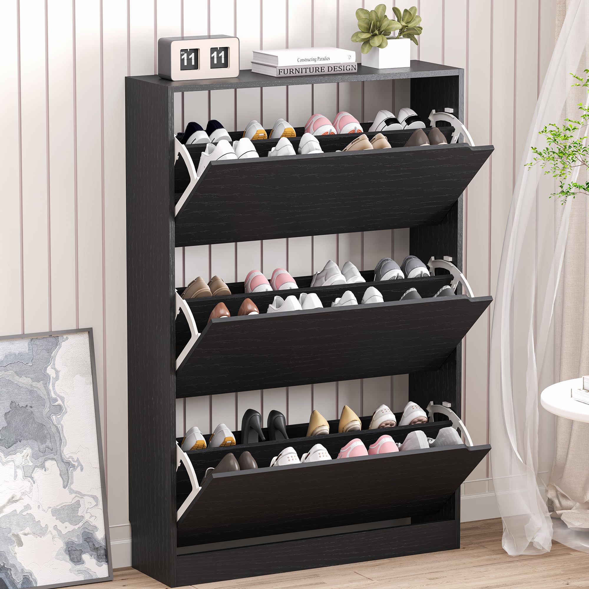 BORNOON Shoe Cabinet with 3 Flip Drawers, Hidden Wood Shoe Cabinet,Freestanding Shoe Storage Cabinet for Entryway Hallway.White. 47.2" H*31.5" W*9.45" D.