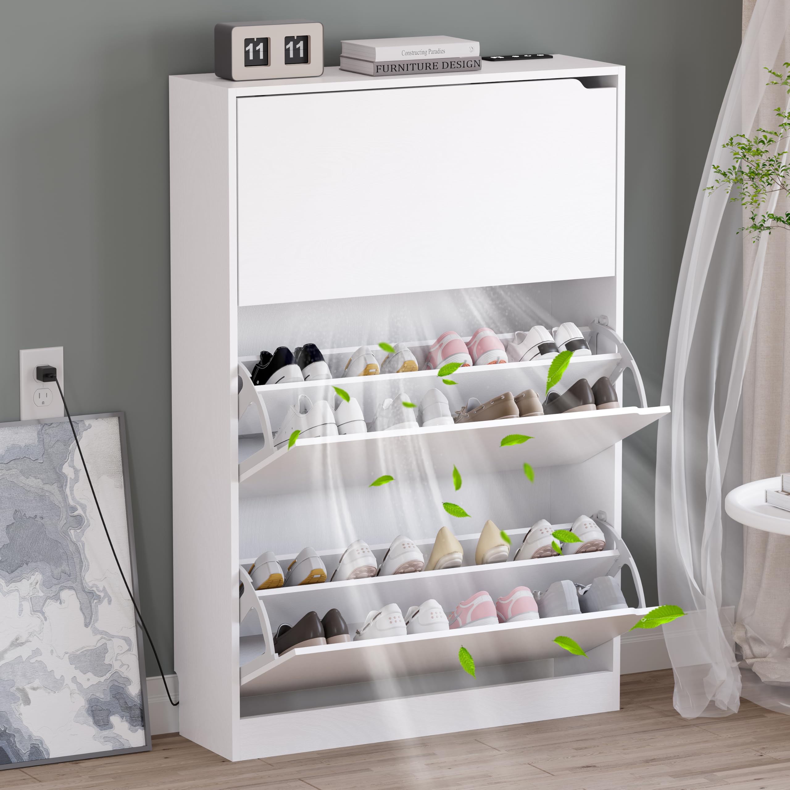 BORNOON Shoe Cabinet with 3 Flip Drawers, Hidden Wood Shoe Cabinet,Freestanding Shoe Storage Cabinet for Entryway Hallway.White. 47.2" H*31.5" W*9.45" D.