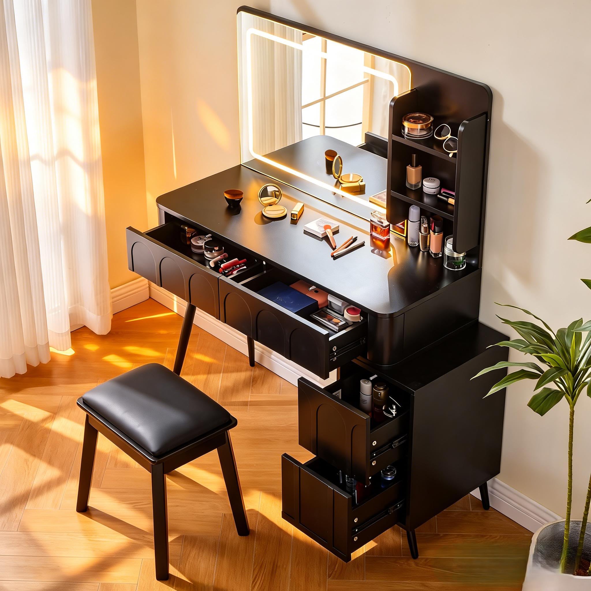 39" Modern Makeup Vanity Desk with Tempered Glass Top & LED Round Mirror, Adjustable Black and White Dressing Table with Reversible 3-Drawer Cabinet, Extendable Vanity Set for Small Bedroom