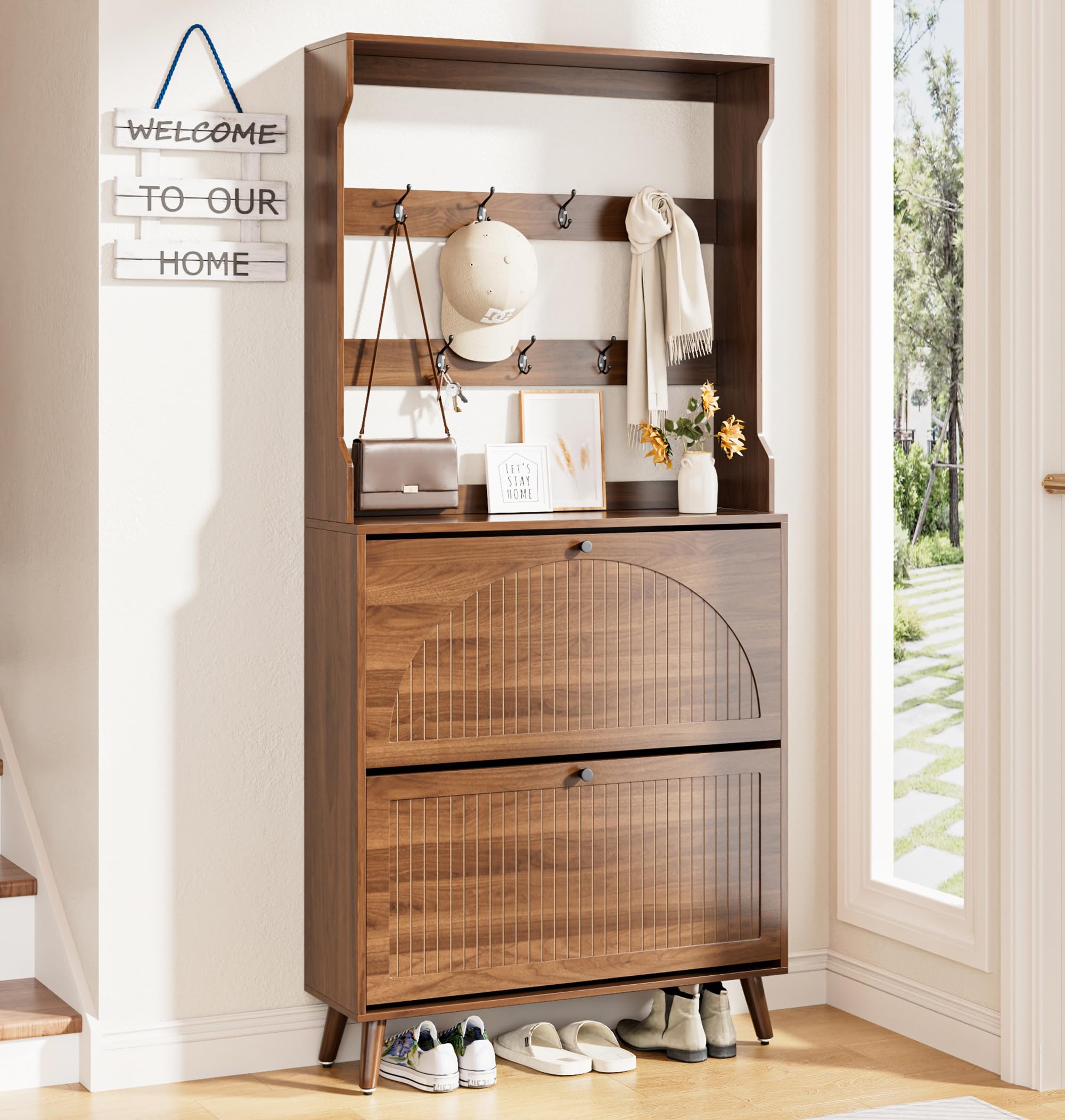 Fsbecl Shoe Storage Cabinet for Entryway with 2 Flip Drawers, Narrow Wood Shoe Cabinet with Fluted Panel, Freestanding Hidden Shoe Organizer for Foyer, Hallway (Walnut)