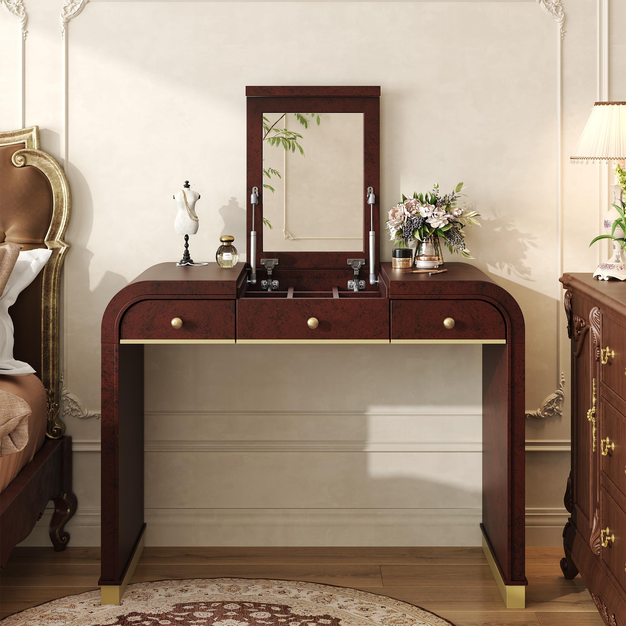 Virubi 39" Minimalist Makeup Vanity Table with Semicircle Mirror, Wood Modern Dressing Table with Touch Screen Lighted Mirror & Storage Drawer & Curved Edges for Bedroom (Natural)