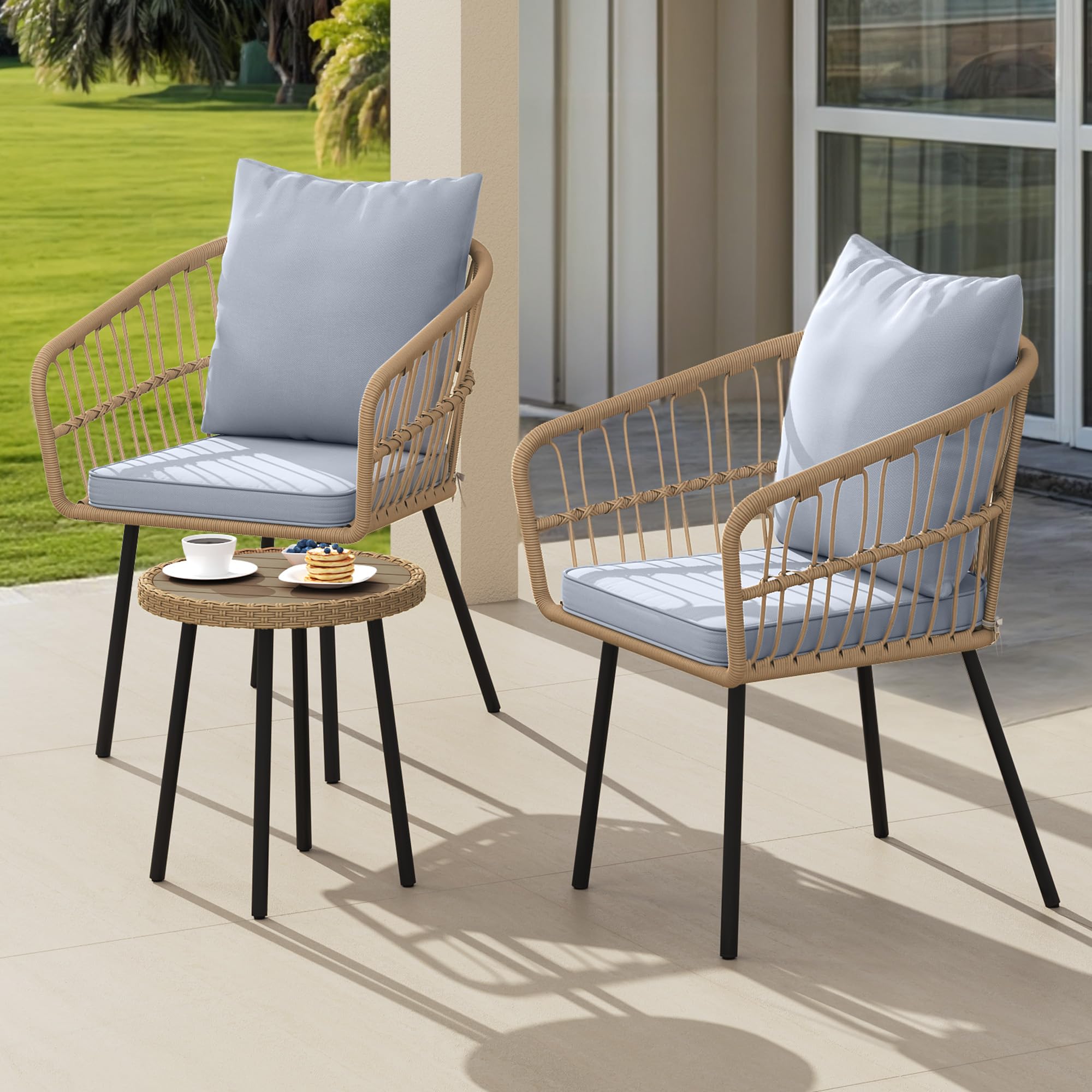 DWVO Wicker Sofa Chair, Single Bistro Armchair with Weatherproof Cushions, Outdoor Dining Chair for Outdoor, Indoor, Beige