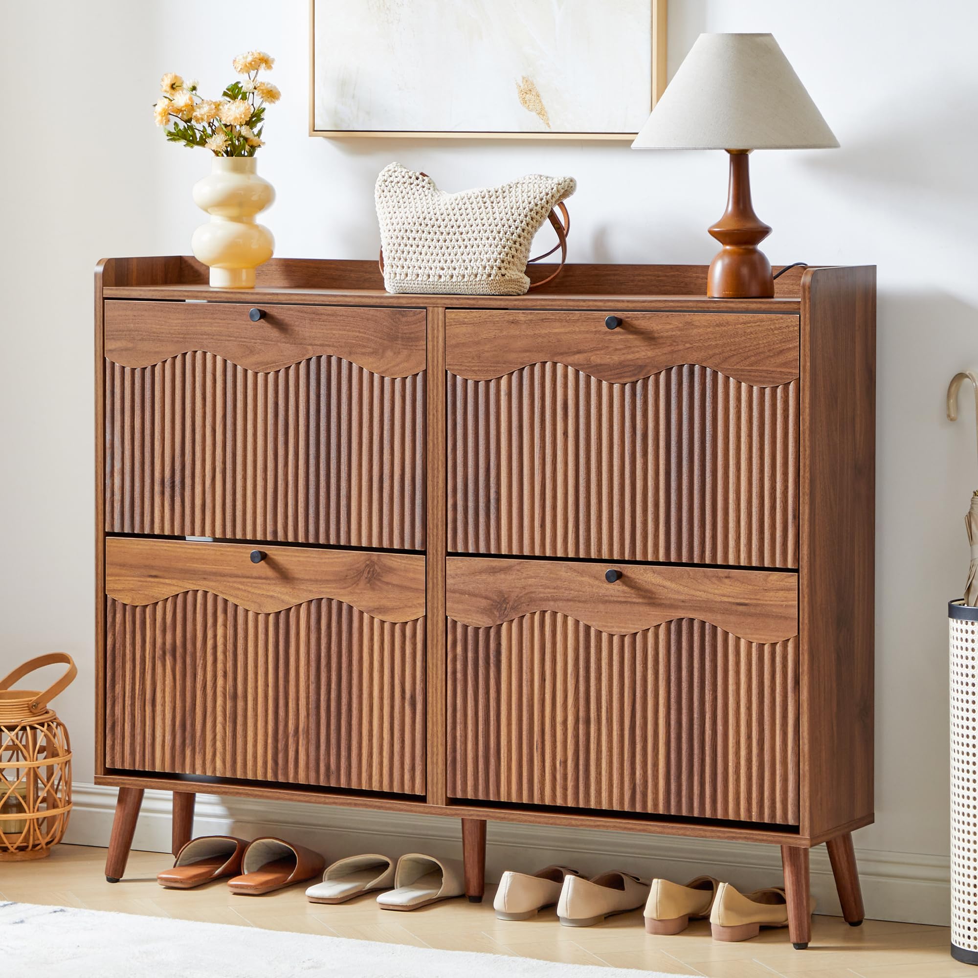 BERRYMERRY 31.5” Fluted Shoe Storage Cabinet with 2 Flip Drawers,Freestanding Narrow Shoe Organizer Cabinet with Wave Profile for Entryway,Hallway,Living Room