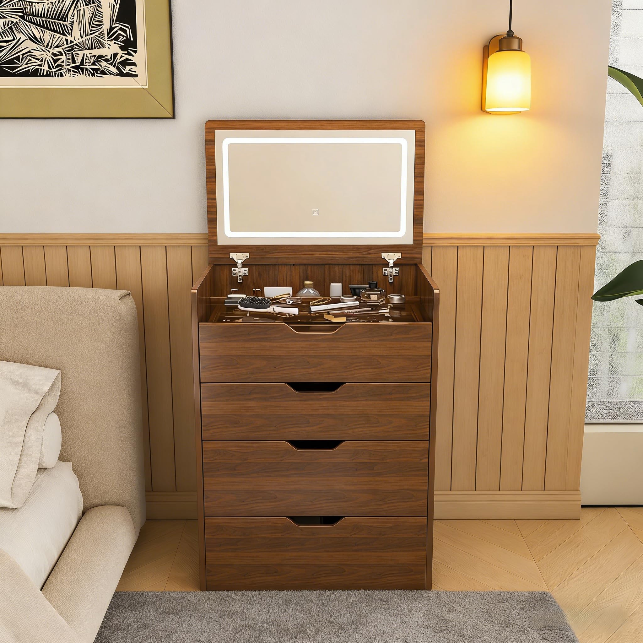 39" Modern Makeup Vanity Desk with Tempered Glass Top & LED Round Mirror, Adjustable Black and White Dressing Table with Reversible 3-Drawer Cabinet, Extendable Vanity Set for Small Bedroom