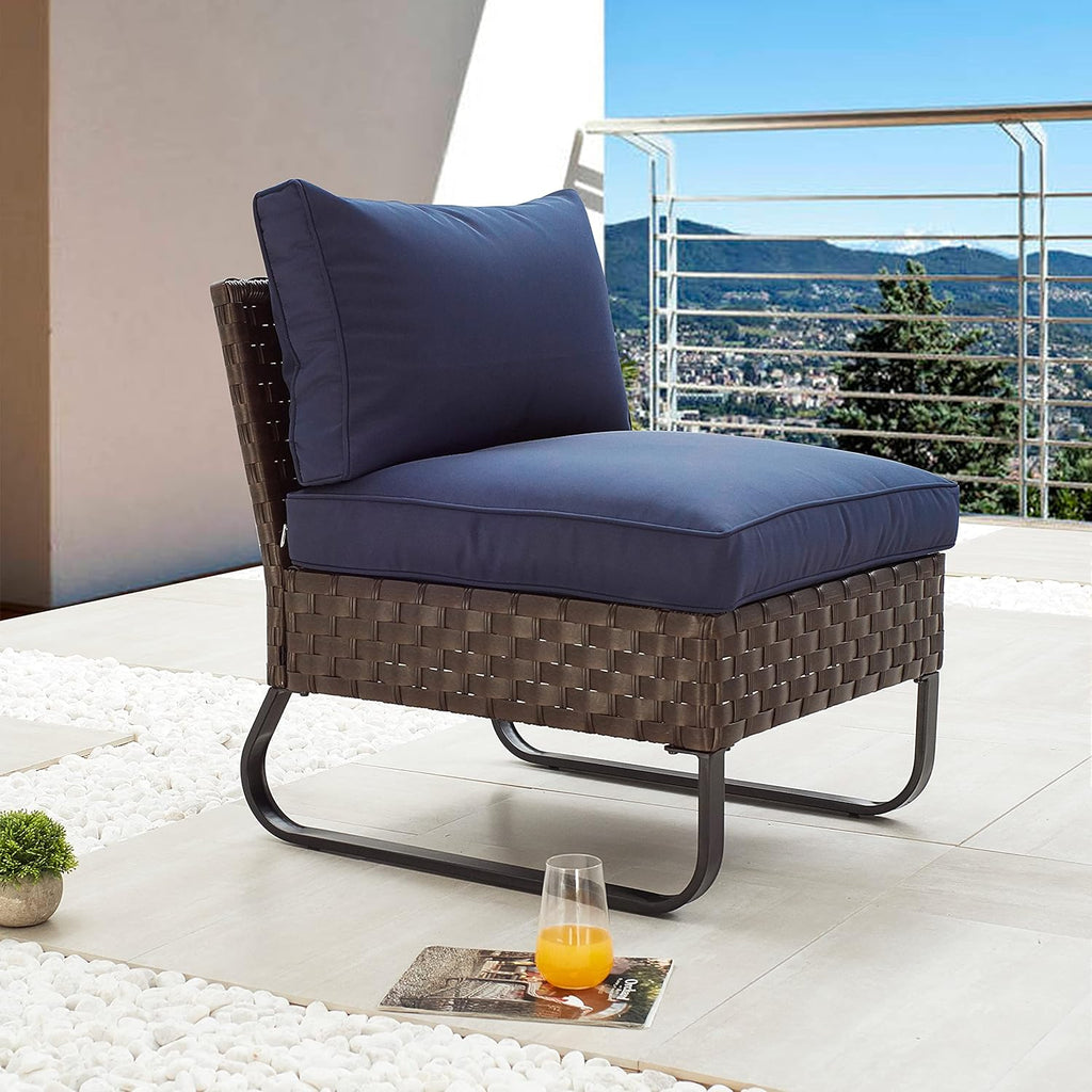 LOKATSE HOME Outdoor Rattan Furniture Patio Conversation Sofa Metal Frame Wicker Armless Single Chair with Cushion