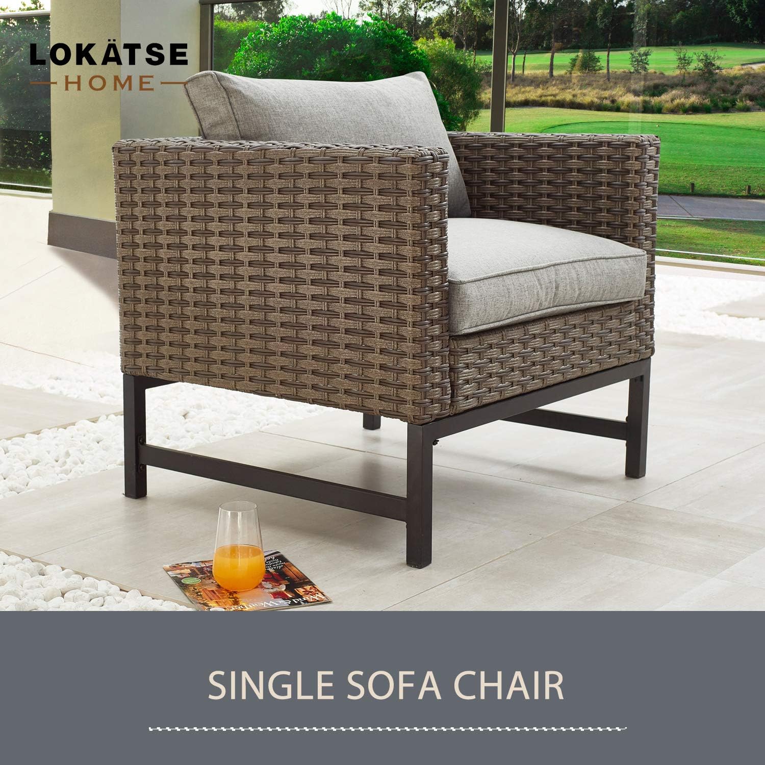 LOKATSE Home Outdoor Patio Armchair Wicker Furniture Rattan Conversation Single Sofa Chair with Grey Cushion