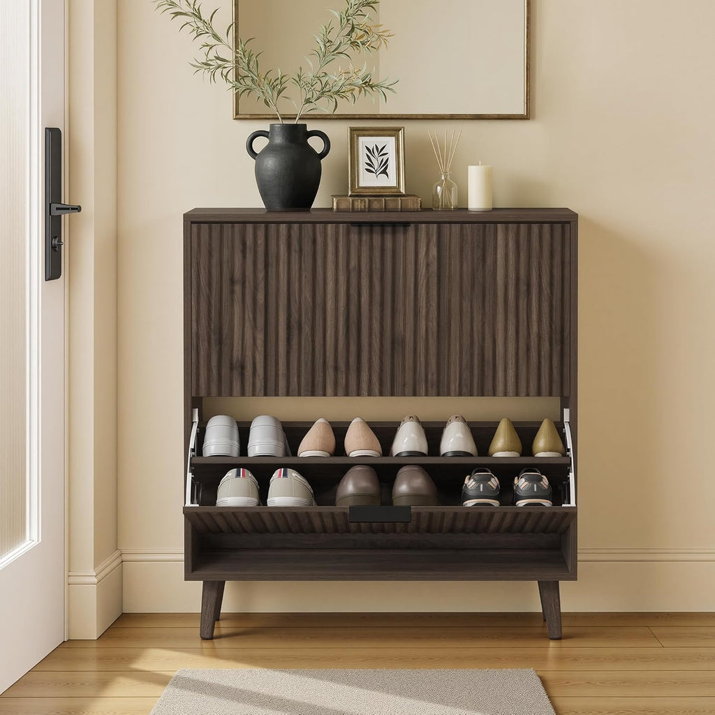 VASAGLE MAXE Collection - Shoe Storage Cabinet with 2 Flip Drawers, Freestanding Narrow Shoe Rack Organizer for Entryway, Fluted Doors, Fits 12-16 Pairs, Mid Century Modern, Walnut Brown UHSC202KF02S