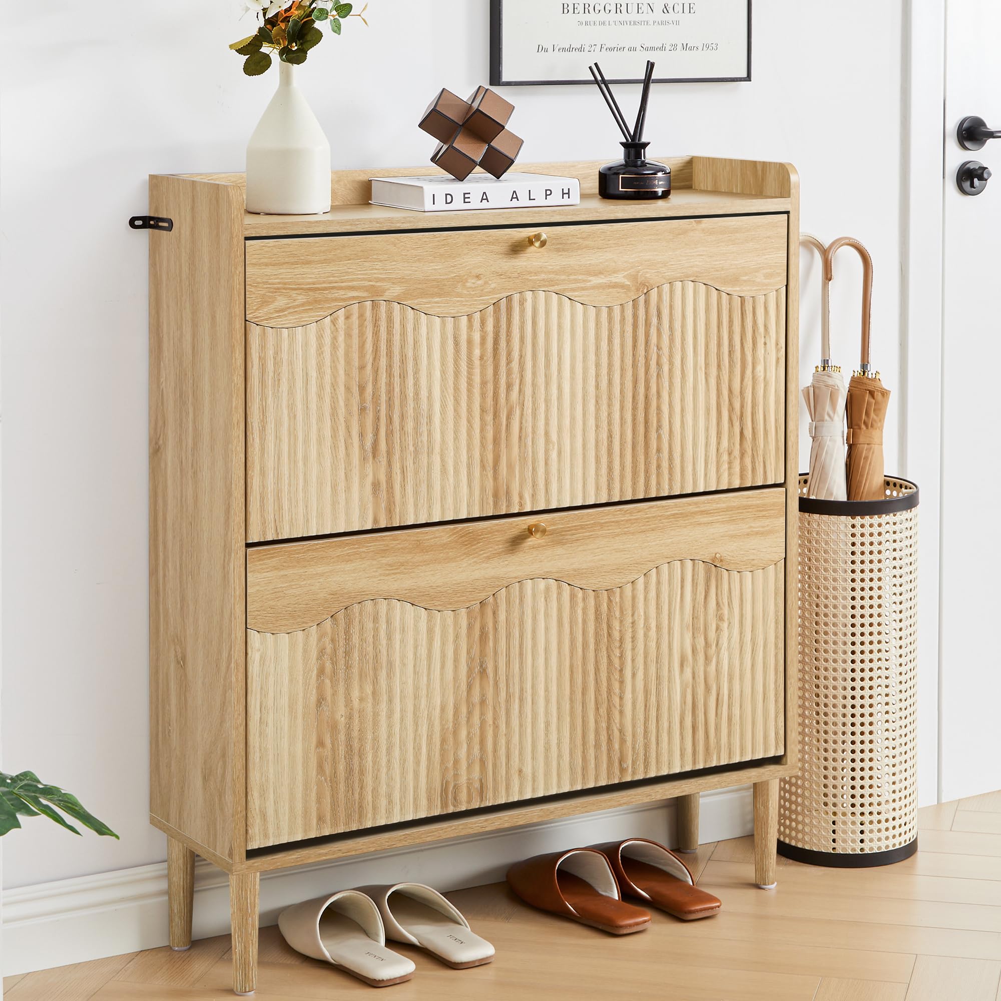 BERRYMERRY 31.5” Fluted Shoe Storage Cabinet with 2 Flip Drawers,Freestanding Narrow Shoe Organizer Cabinet with Wave Profile for Entryway,Hallway,Living Room