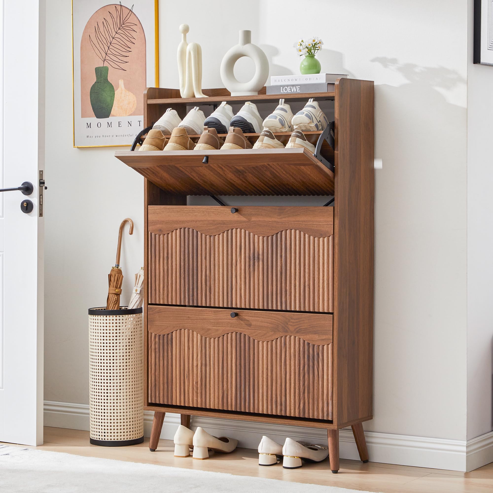 BERRYMERRY 31.5” Fluted Shoe Storage Cabinet with 2 Flip Drawers,Freestanding Narrow Shoe Organizer Cabinet with Wave Profile for Entryway,Hallway,Living Room