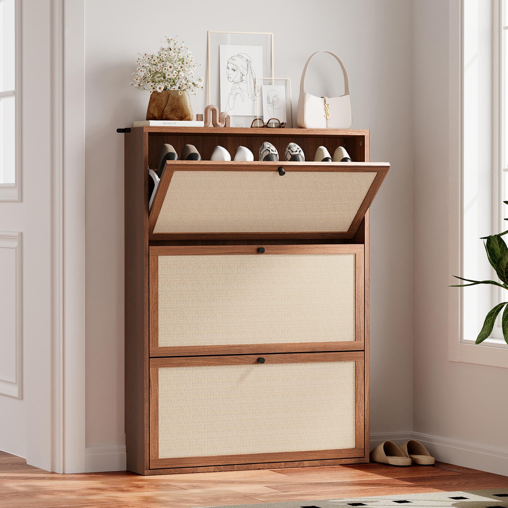 AVZEAR Narrow Shoe Storage Cabinet for Entryway with 2 Flip Drawers, Freestanding Shoe Cabinet with Natural Linen Panel, Slim Wood Shoe Organizer Closed Shoe Rack for Hallway, Foyer, Natural