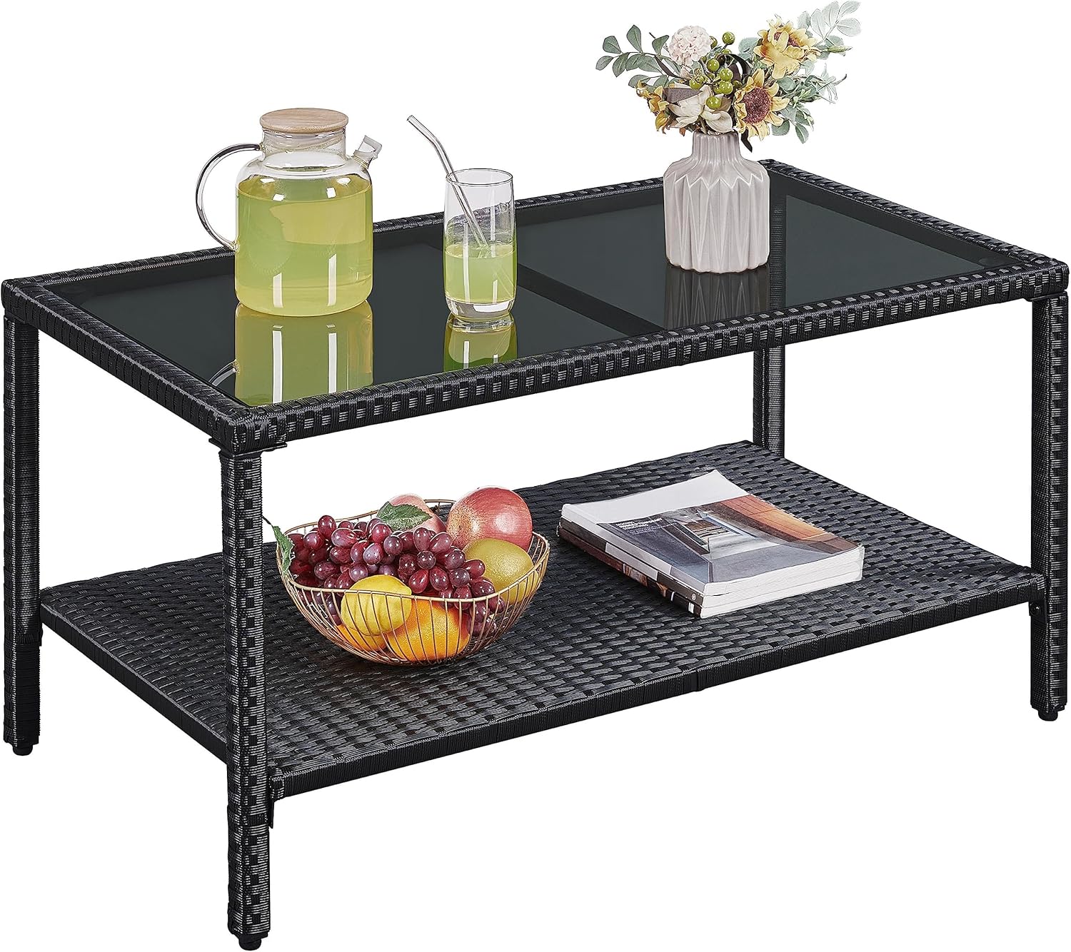Yaheetech Outdoor Wicker Coffee Side Table, All-Weather Rattan Patio Storage Furniture with Tempered Glass Top for Garden, Black