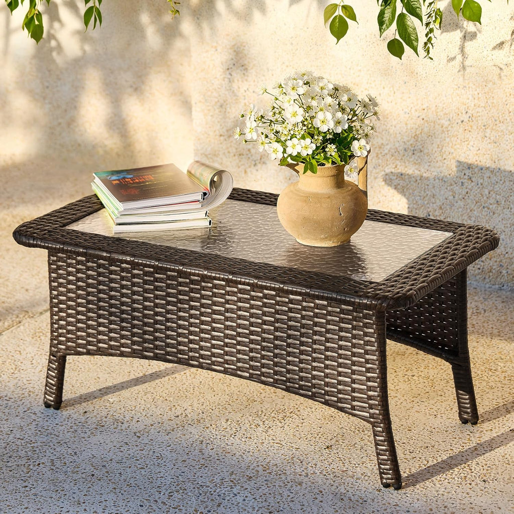 Tribesigns Outdoor Patio Furniture Set of Coffee Table, 35.4" Patio Wicker Coffee Table with Tempered Glass Top, Handwoven Rattan Coffee Table for Conversation Sets, Poolside, Deck, Brown