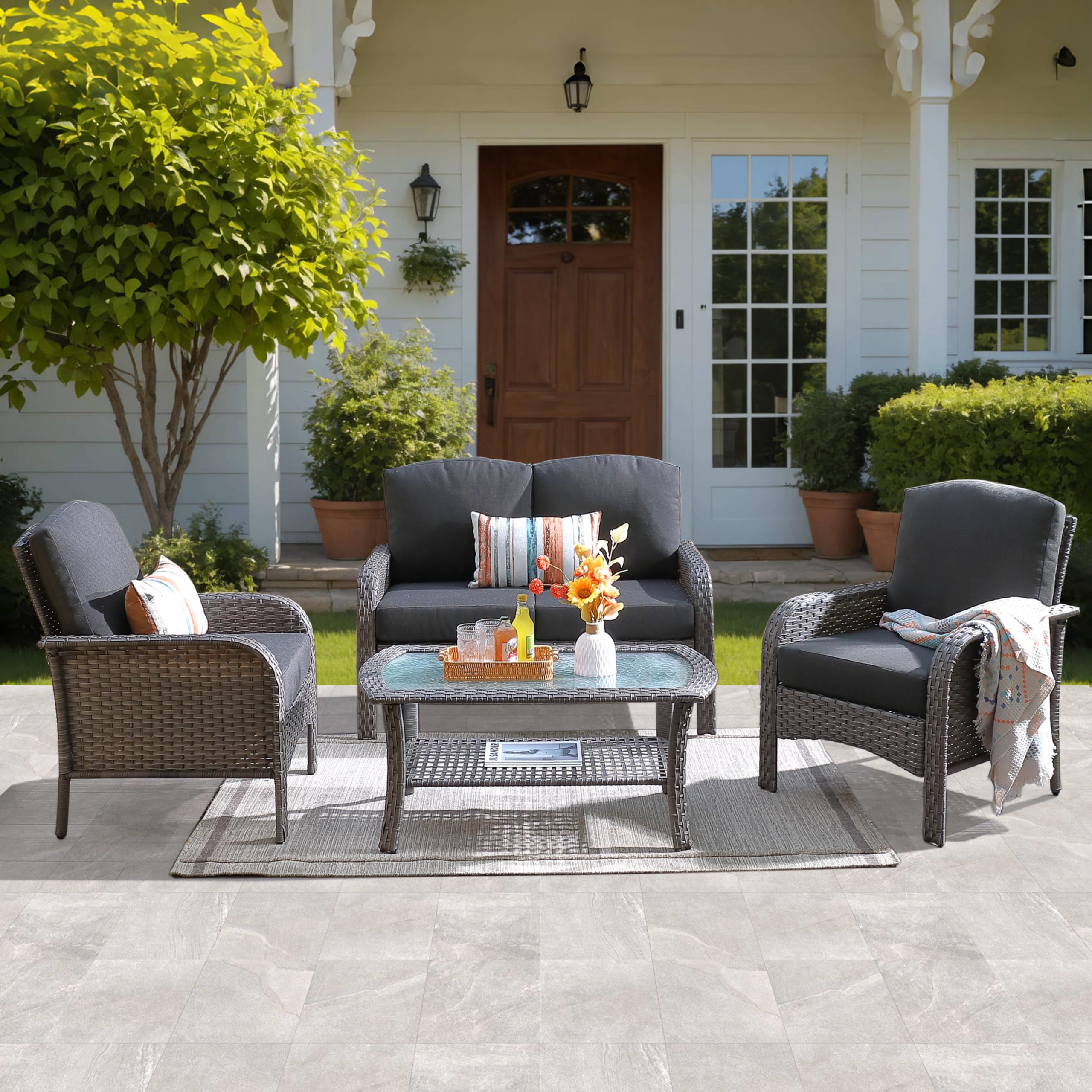 ovios 2-Piece Patio Furniture Set, Outdoor Wicker Sofa with Chairs, High Back Rattan Chair with Comfy Cushions for Porch Yard Deck, Denim Blue