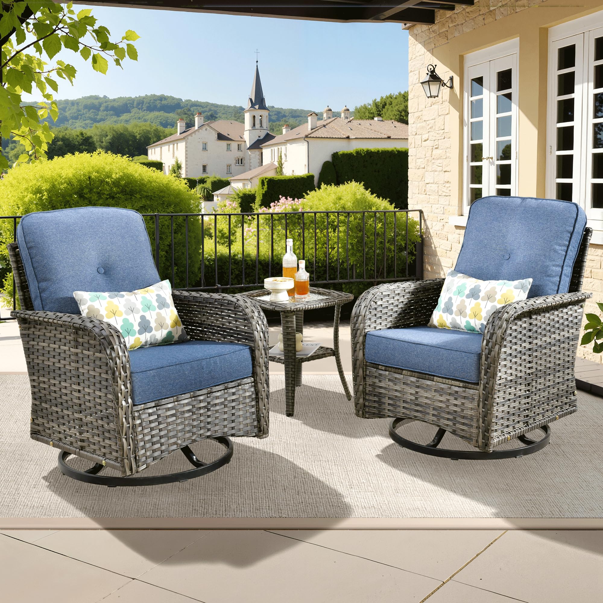 ovios 2-Piece Patio Furniture Set, Outdoor Wicker Sofa with Chairs, High Back Rattan Chair with Comfy Cushions for Porch Yard Deck, Denim Blue