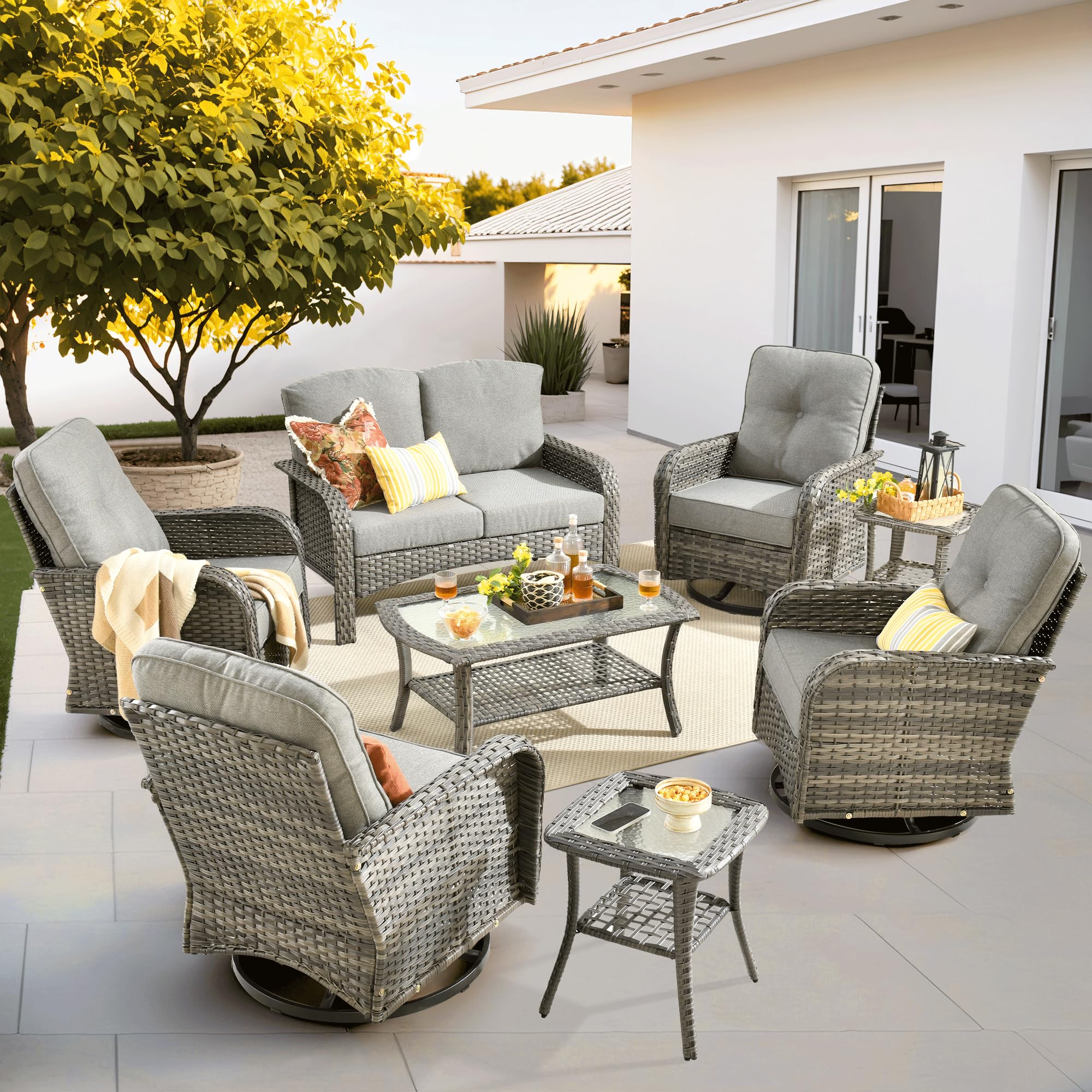 ovios 2-Piece Patio Furniture Set, Outdoor Wicker Sofa with Chairs, High Back Rattan Chair with Comfy Cushions for Porch Yard Deck, Denim Blue
