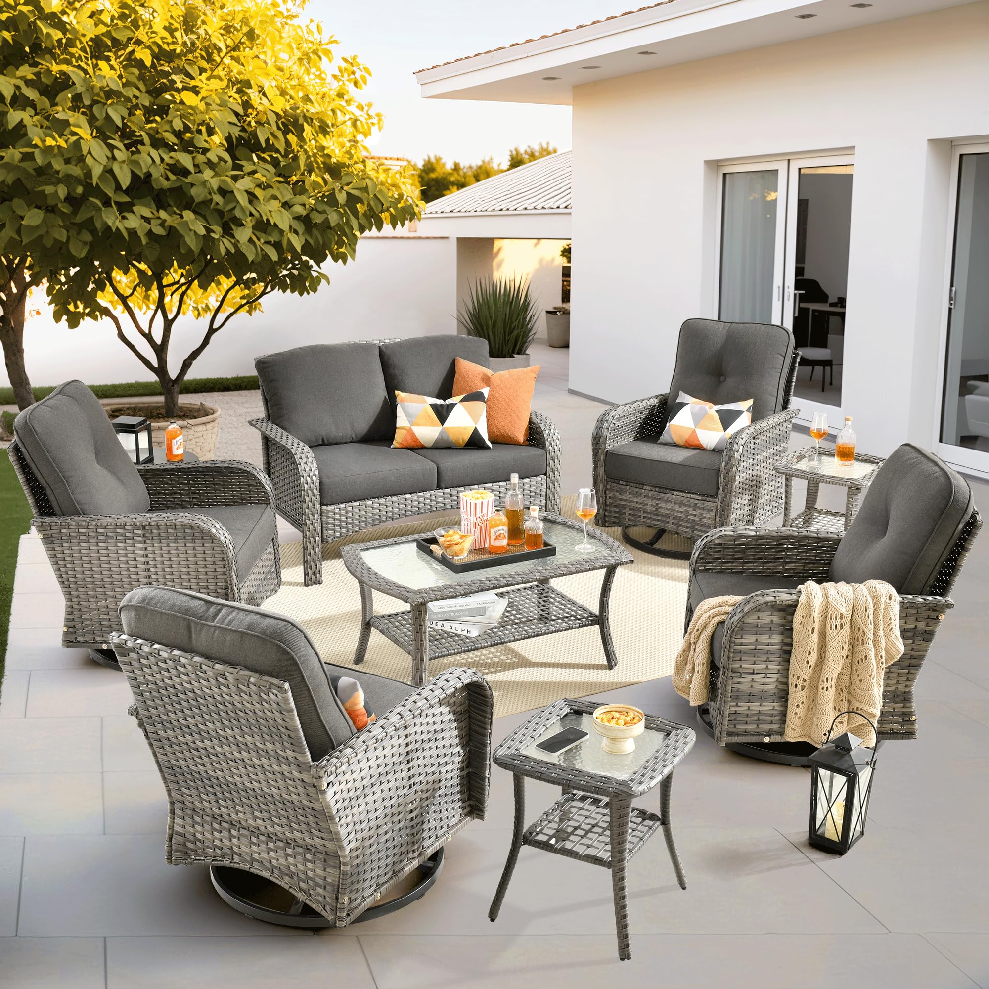 ovios 2-Piece Patio Furniture Set, Outdoor Wicker Sofa with Chairs, High Back Rattan Chair with Comfy Cushions for Porch Yard Deck, Denim Blue