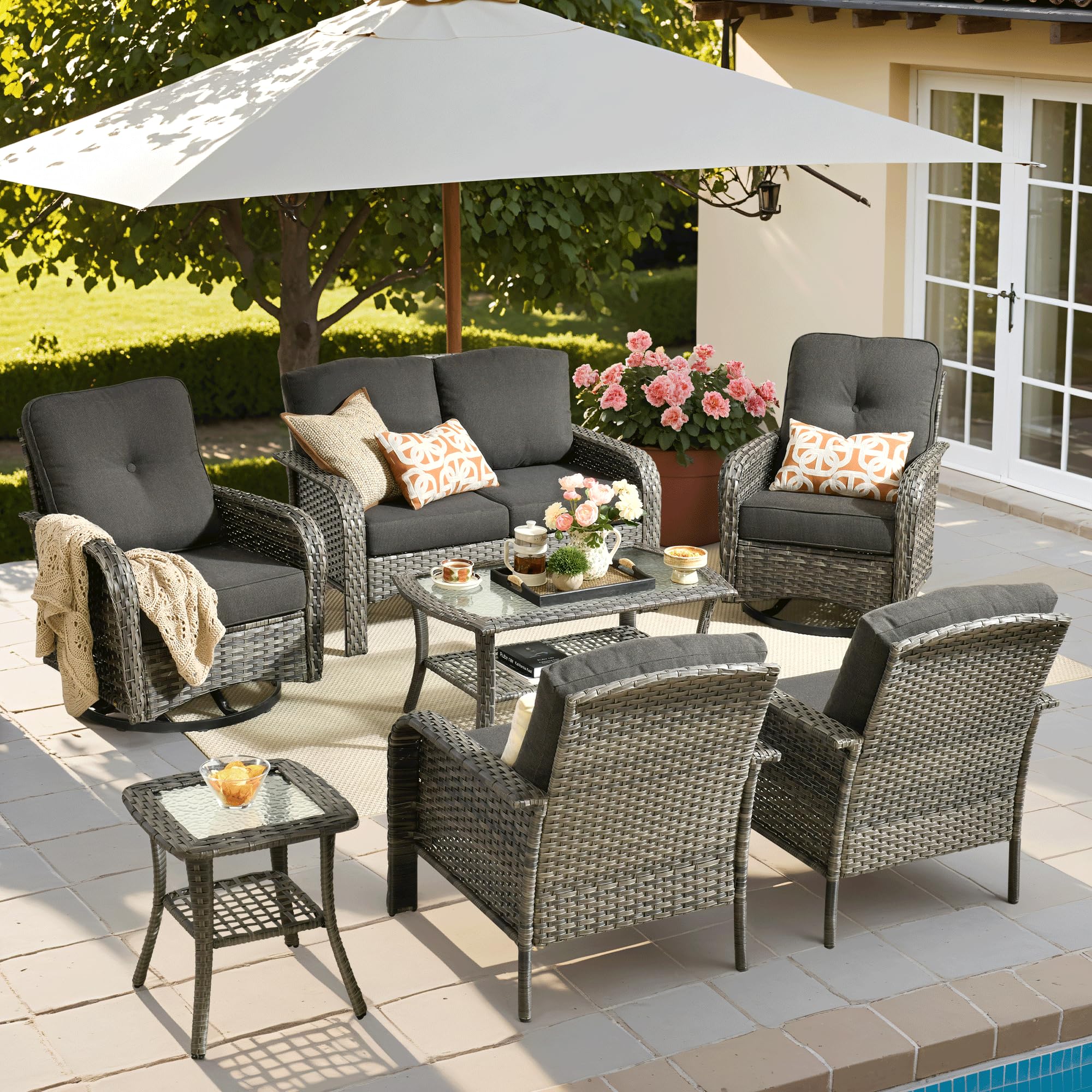 ovios 2-Piece Patio Furniture Set, Outdoor Wicker Sofa with Chairs, High Back Rattan Chair with Comfy Cushions for Porch Yard Deck, Denim Blue