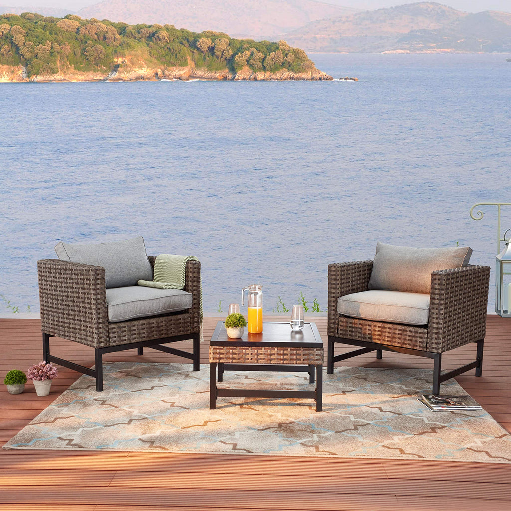 LOKATSE Home Outdoor Patio Armchair Wicker Furniture Rattan Conversation Single Sofa Chair with Grey Cushion
