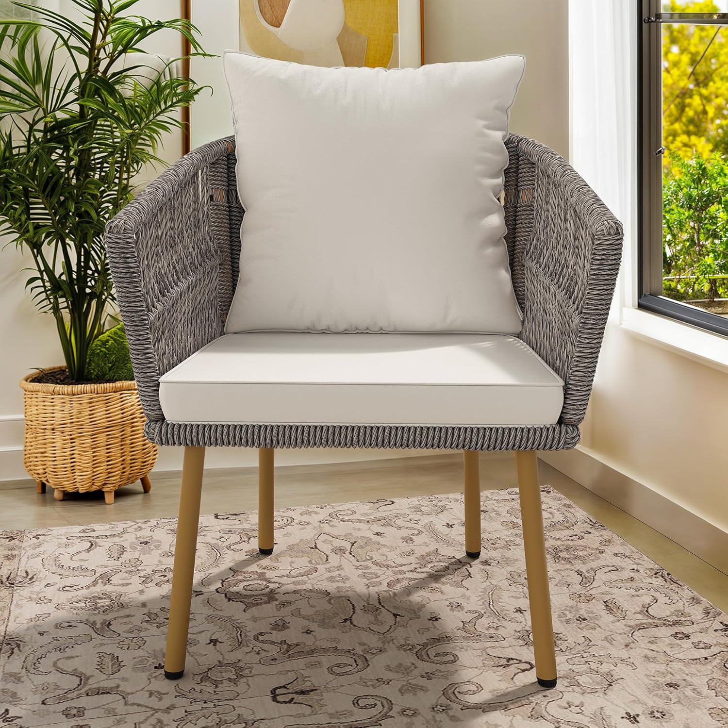DWVO Wicker Sofa Chair, Single Bistro Armchair with Weatherproof Cushions, Outdoor Dining Chair for Outdoor, Indoor, Beige