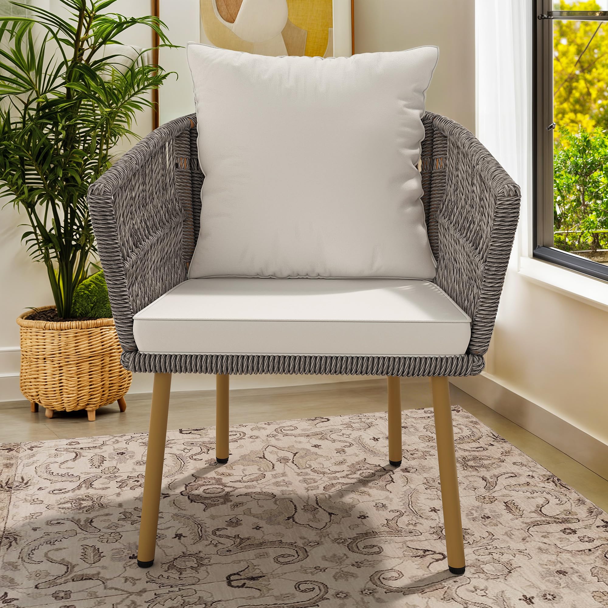 DWVO Wicker Sofa Chair, Single Bistro Armchair with Weatherproof Cushions, Outdoor Dining Chair for Outdoor, Indoor, Beige