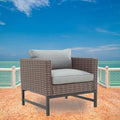 LOKATSE HOME Outdoor Chair Rattan Furniture Single Sofa Modern Wicker Armchair with Metal Legs and Gray Cushion for Garden Balcony Porch Poolside, Brown
