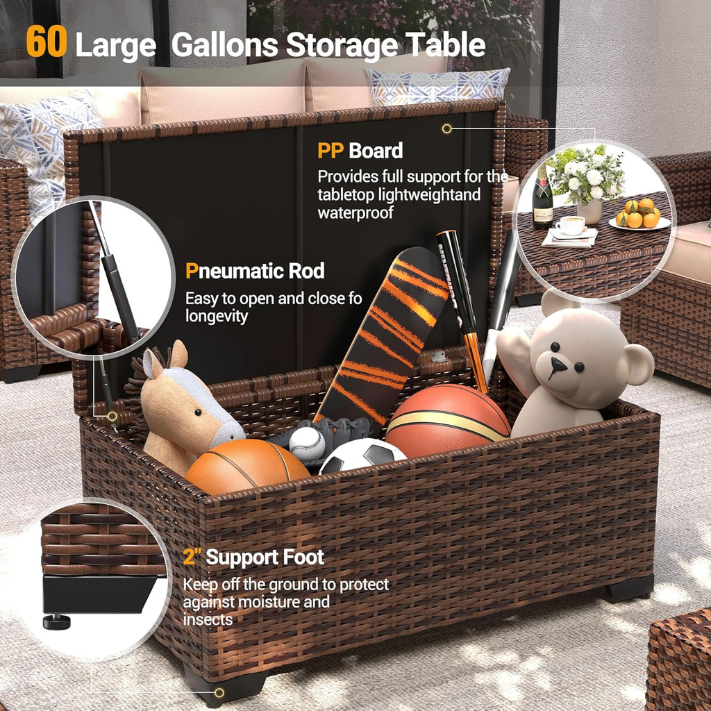 UDPATIO Outdoor Storage Table Patio Coffee Table All Weather Wicker Side Table with Waterproof Covers Rattan Furniture for Toys and Garden Tools