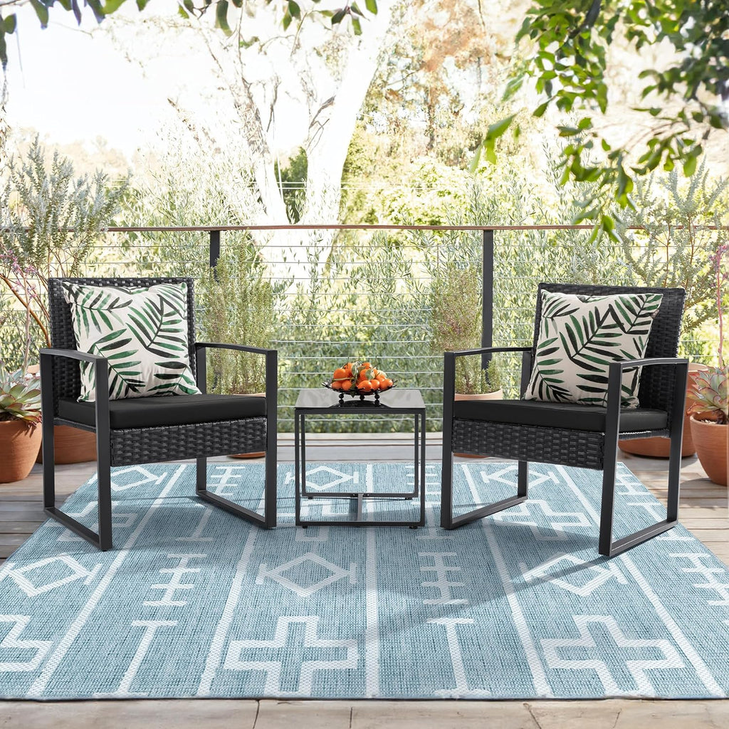 Flamaker 3 Pieces Outdoor Patio Wicker Furniture Set, Modern Rattan Chair Conversation Sets with Coffee Table for Yard and Bistro (Black)