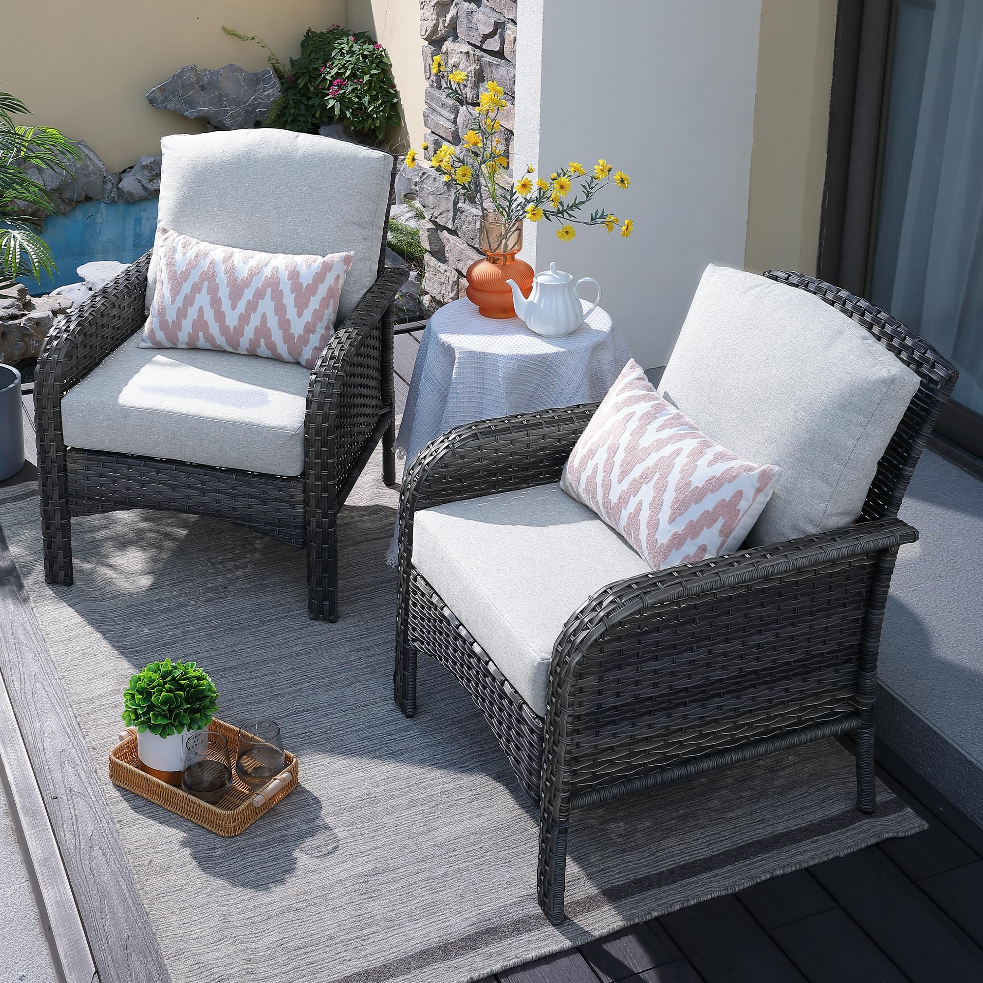 ovios 2-Piece Patio Furniture Set, Outdoor Wicker Sofa with Chairs, High Back Rattan Chair with Comfy Cushions for Porch Yard Deck, Denim Blue