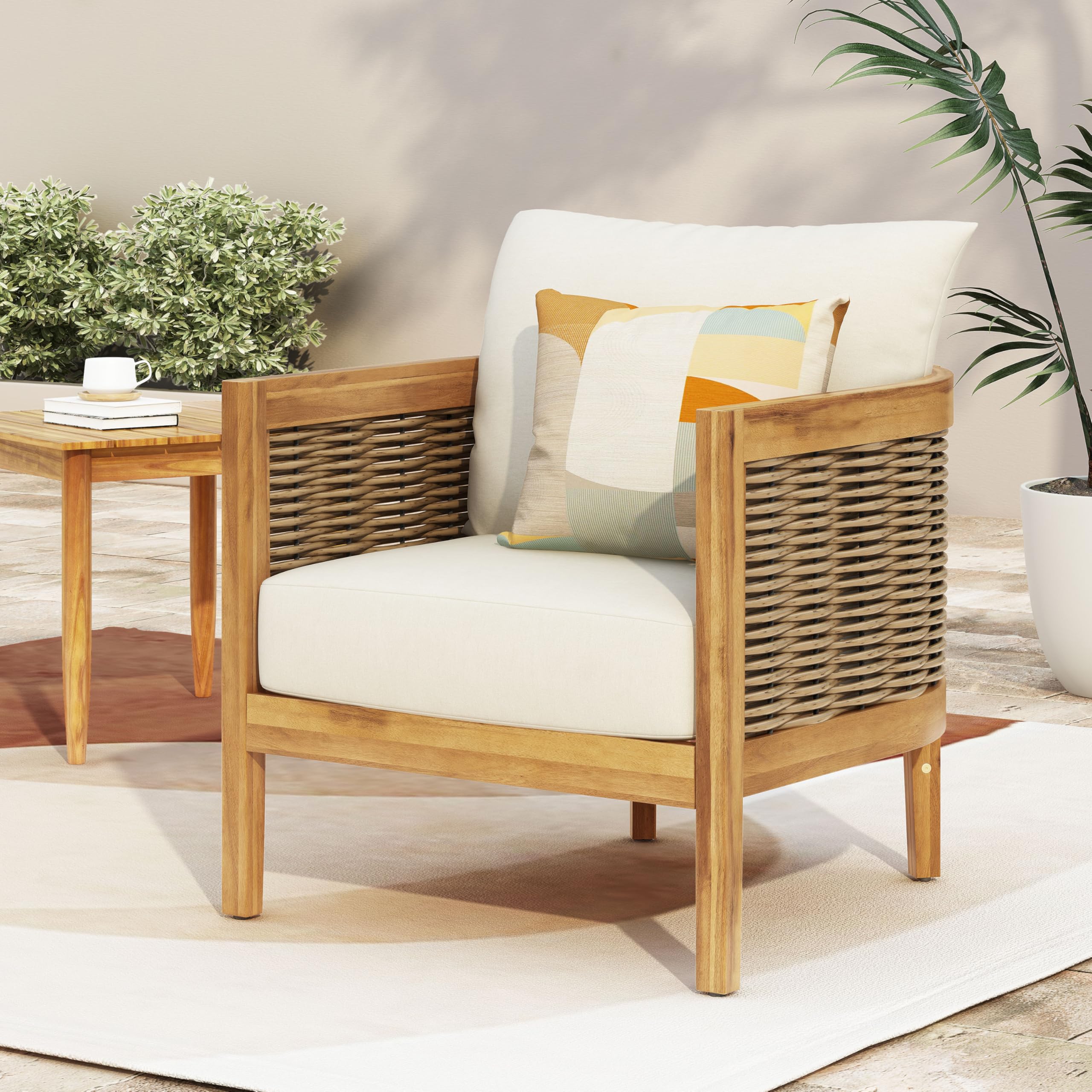 Merax Single Outdoor Acacia Wood Wicker Club Chair with Cushion,Patio Furniture Conversation Seat for Backyard